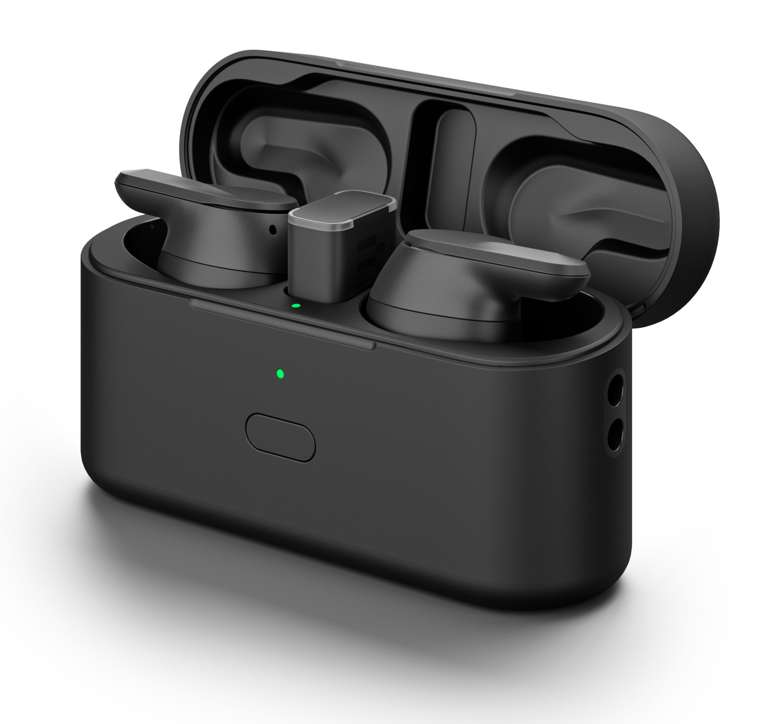 De EPOS Adapt E1 Scandinavian Black draadloze Bluetooth oortjes voor professionals in de oplaadcase