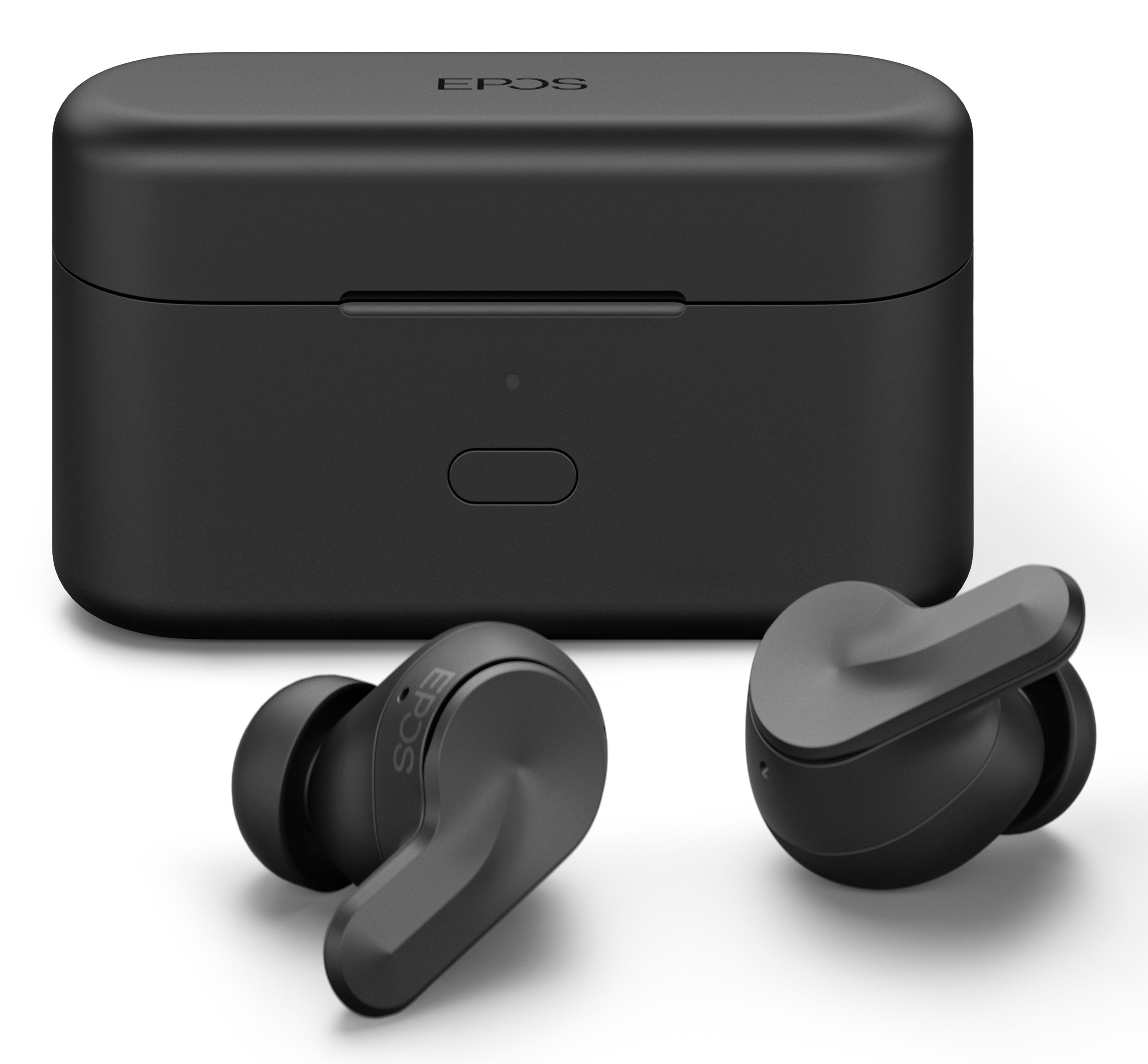 De EPOS Adapt E1 Scandinavian Black draadloze Bluetooth oortjes voor professionals liggend voor de gesloten opbergcase en laadcase