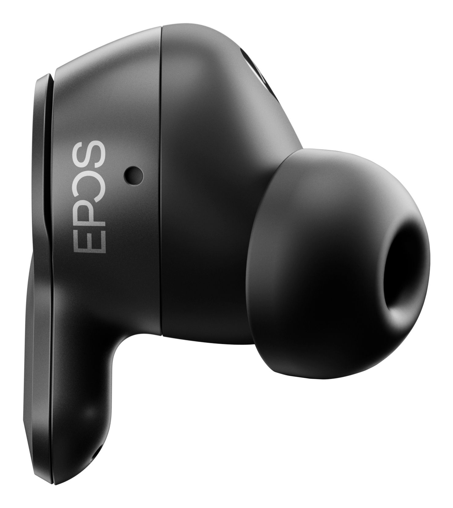 Zijkant van het linker EPOS Adapt E1 Scandinavian Black draadloos Bluetooth oortje met de eartip en het EPOS logo