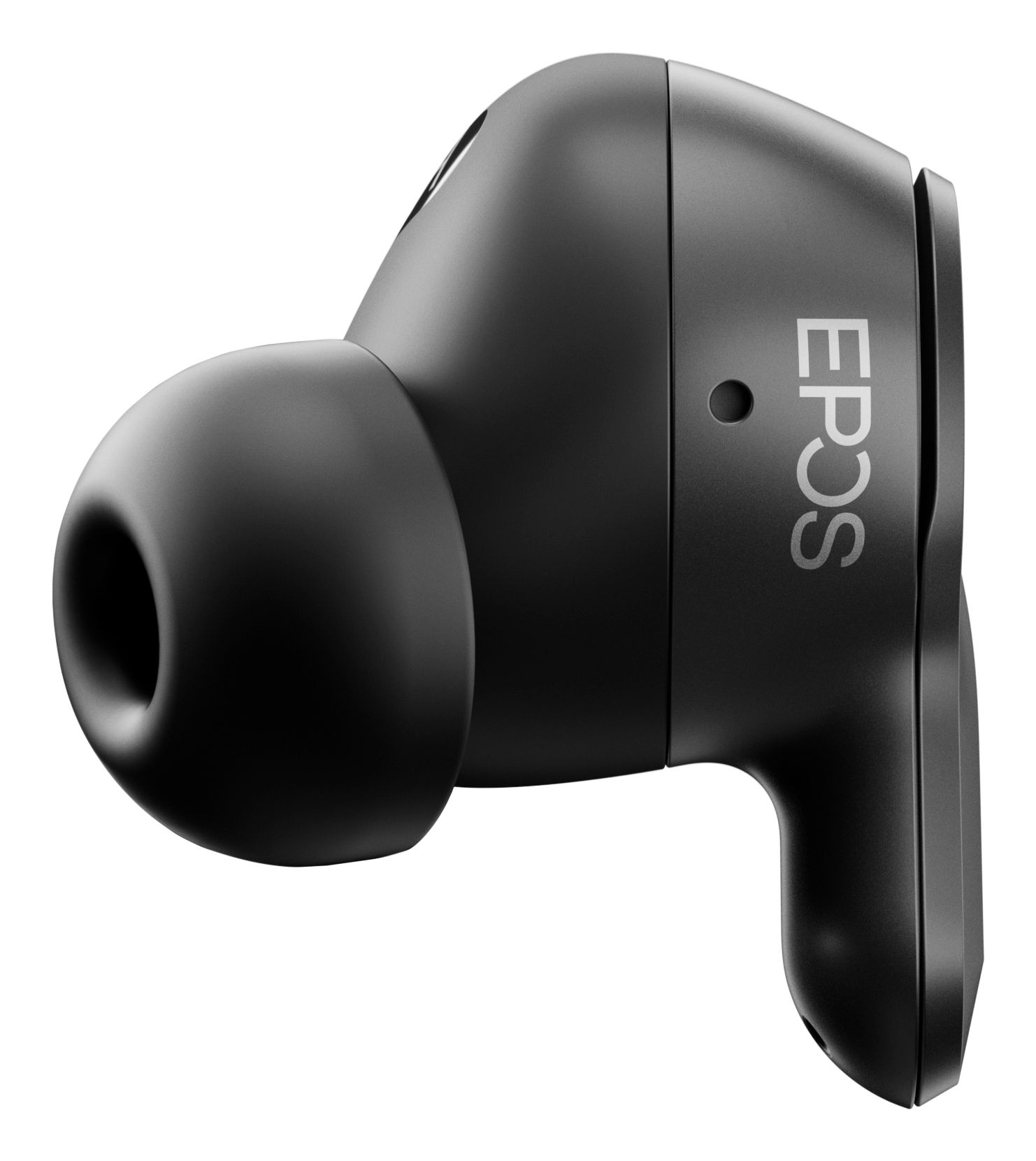 Rechter EPOS Adapt E1 Scandinavian Black draadloos Bluetooth oortje vmet de eartip en het EPOS logo