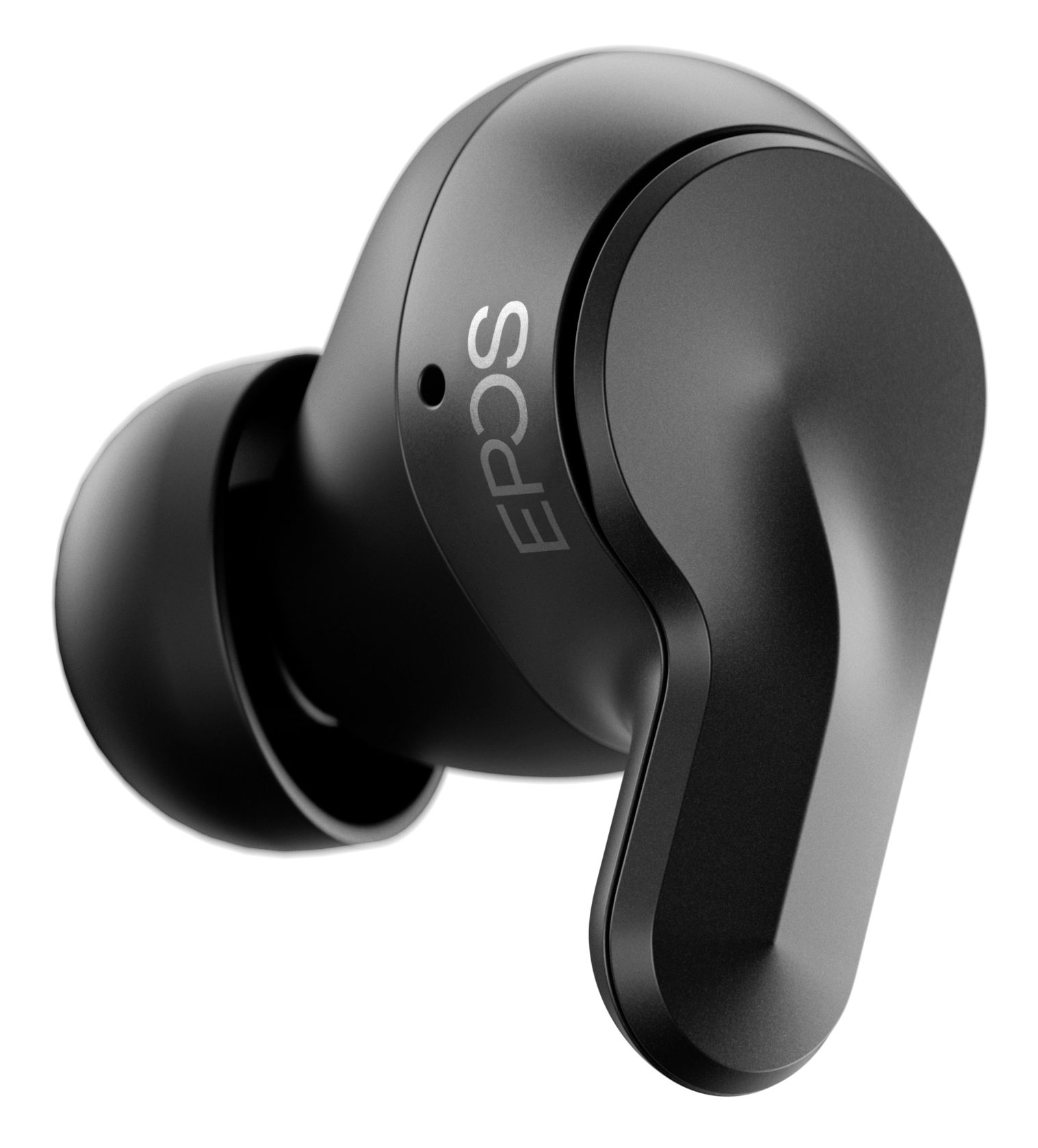 Linker EPOS Adapt E1 Scandinavian Black draadloze Bluetooth oortje met de eartip naar links en het EPOS logo zichtbaar