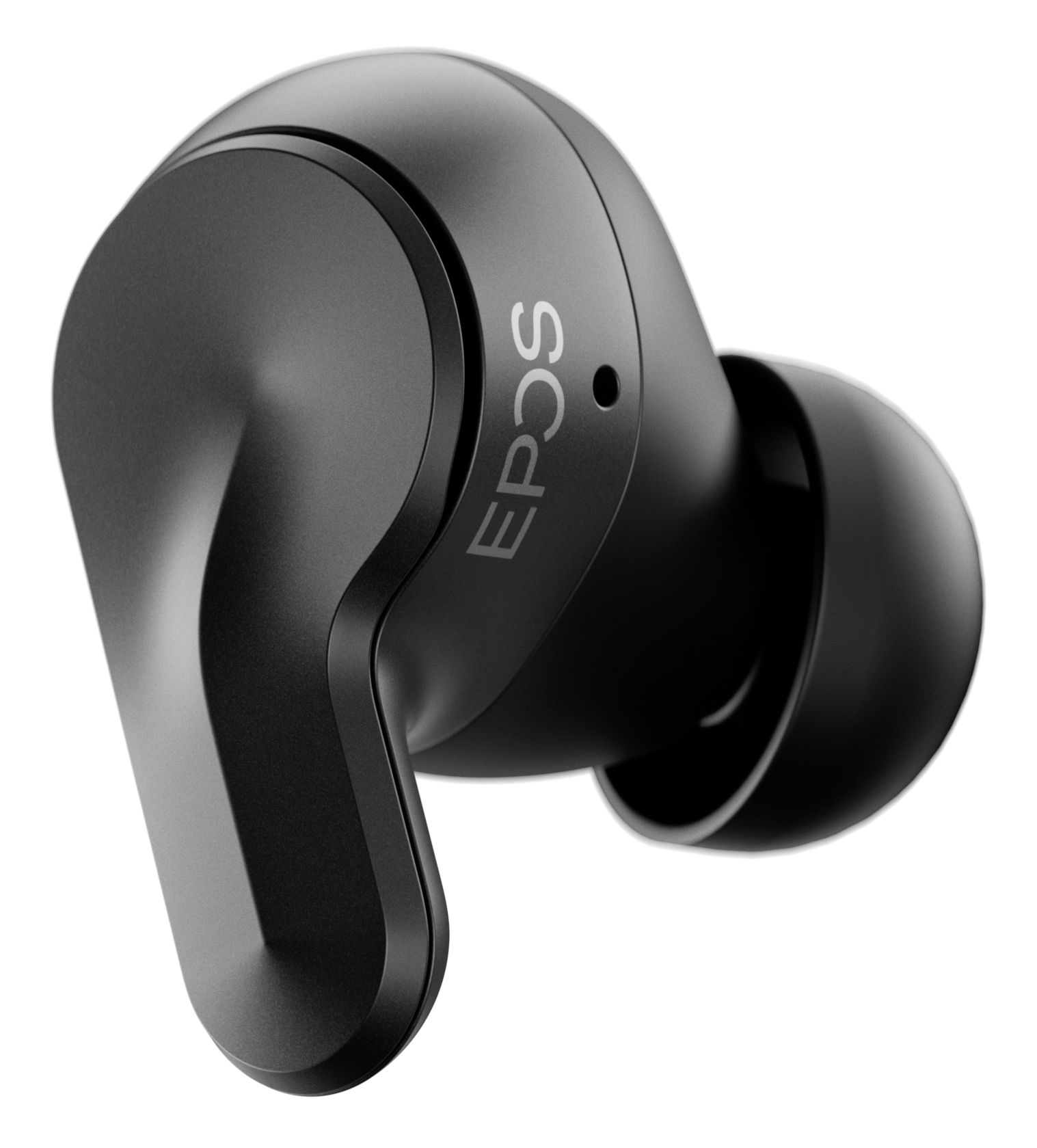 Het EPOS Adapt E1 Scandinavian Black draadloze Bluetooth oortje met de eartip naar rechts en het EPOS logo zichtbaar