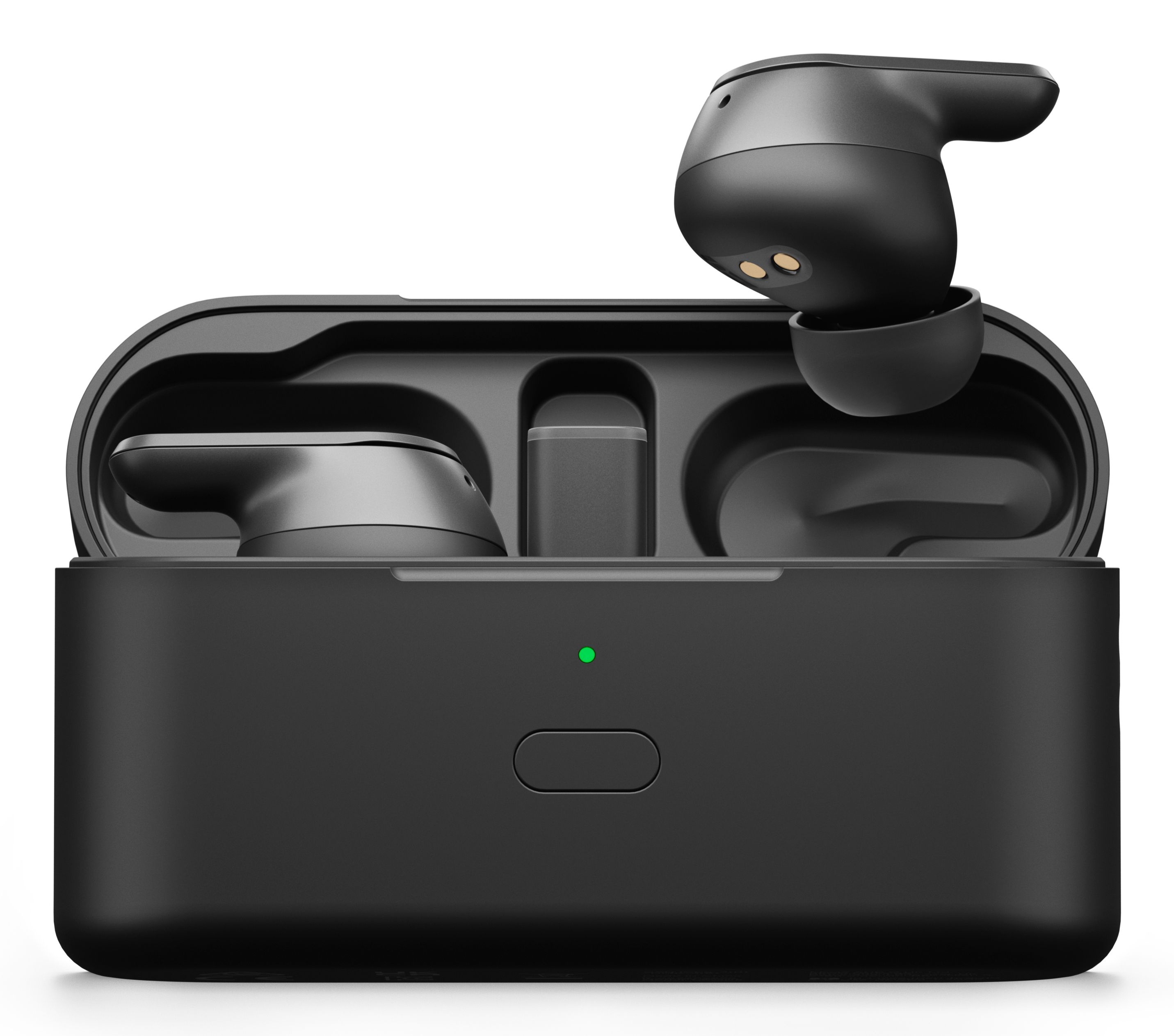Een open laadcase met daarin de EPOS Adapt E1 Scandinavian Black draadloze Bluetooth oortjes voor professionals