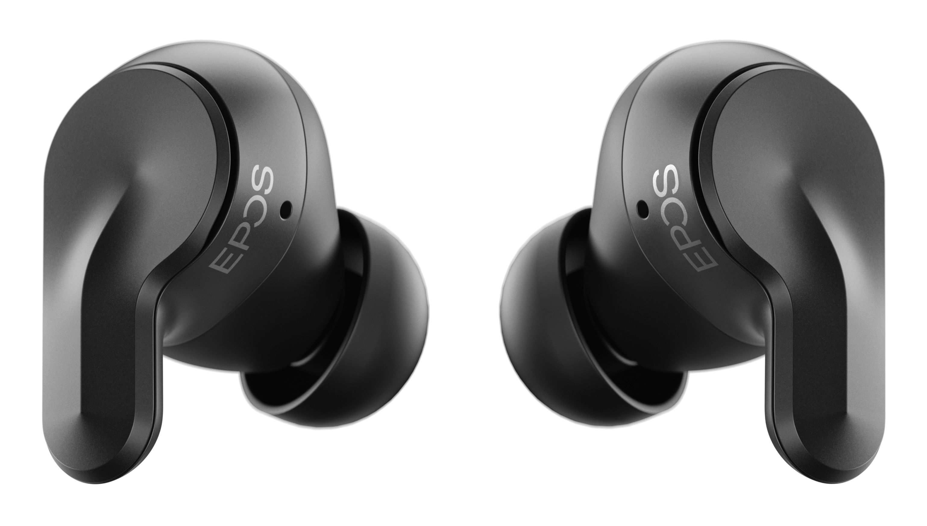 De EPOS Adapt E1 Scandinavian Black draadloze Bluetooth oortjes voor professionals met de eartips naar elkaar toe gedraaid