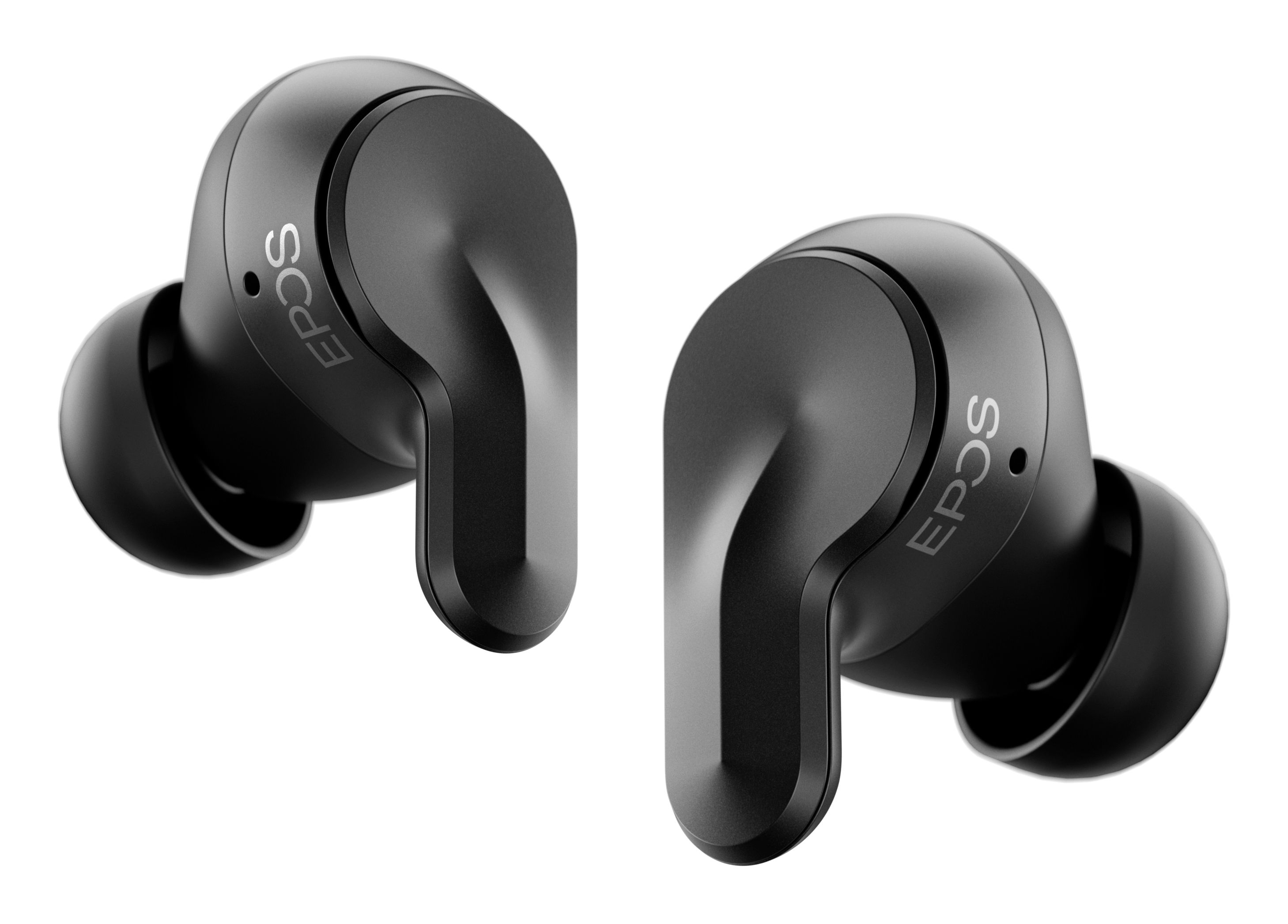Twee EPOS Adapt E1 Scandinavian Black draadloze Bluetooth oortjes voor professionals van de zijkant