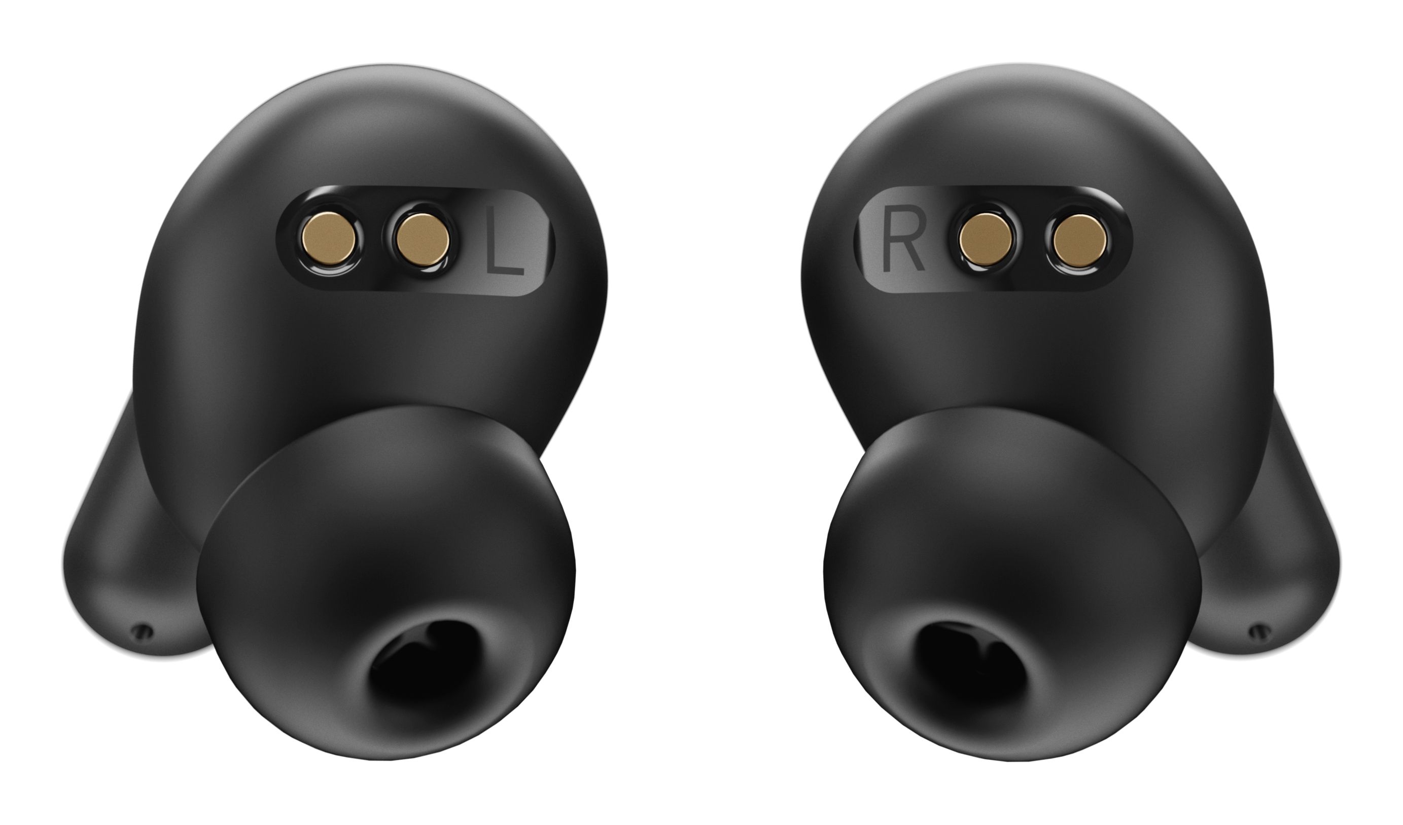De binnenkant van de EPOS Adapt E1 Scandinavian Black draadloze Bluetooth oortjes met eartips en oplaadconnector en links en rechts aanduiding