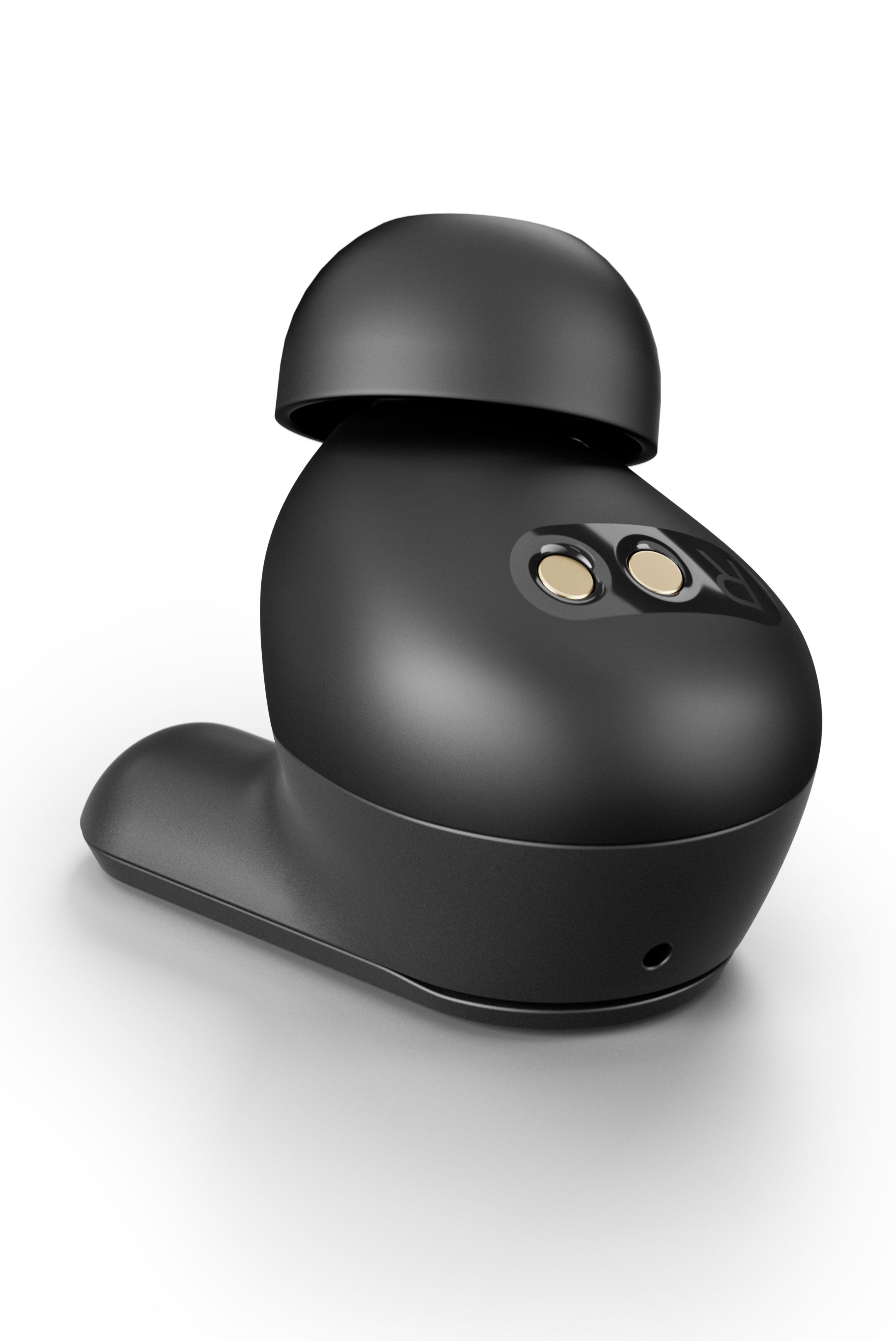 Het EPOS Adapt E1 Scandinavian Black draadloze Bluetooth oortje liggend op de buitenkant met de eartip omhoog