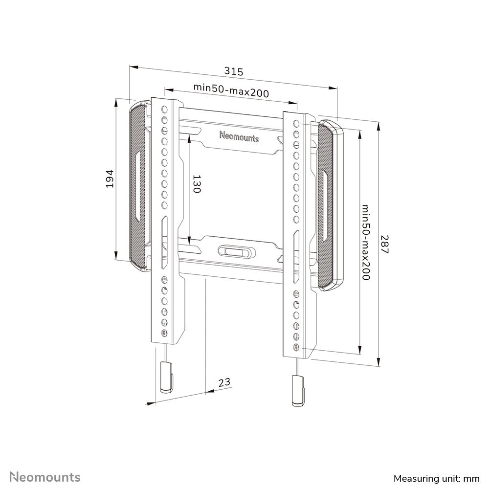Tekening en afmetingen van de Neomounts WL30-550BL12 muurbeugel voor displays van 24'' tot 65''