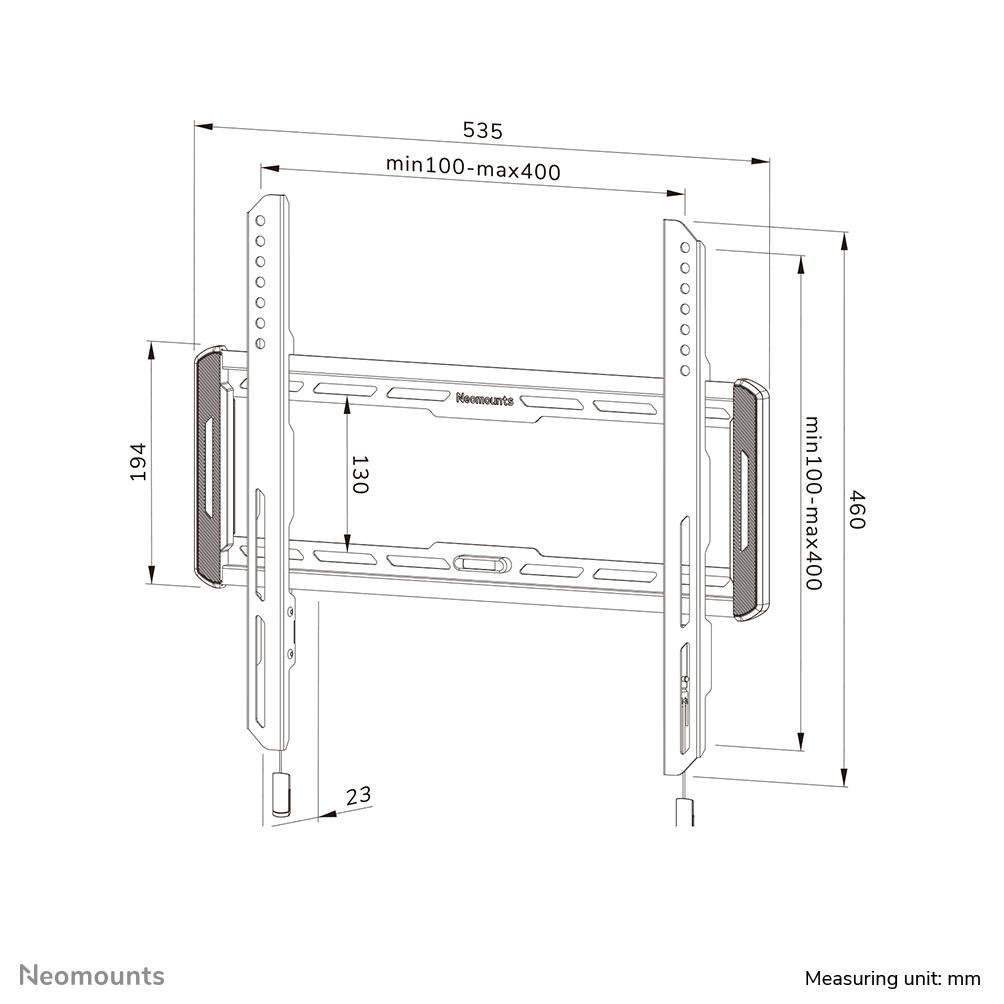 Tekening en afmetingen van de Neomounts WL30-550BL14 muurbeugel voor displays van 32'' tot 75''