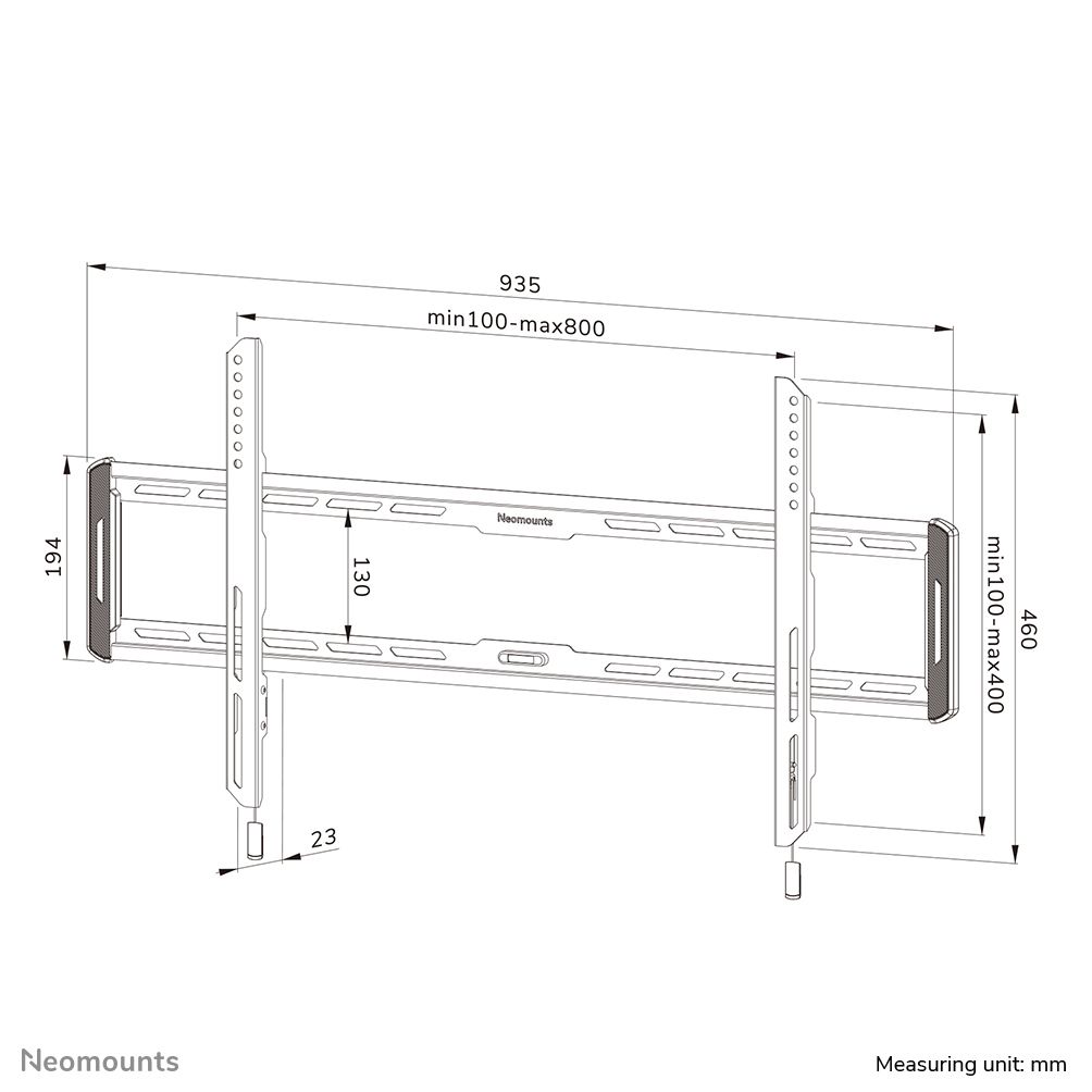 Tekening en formaten van de Neomounts WL30-550BL18 muurbeugel voor displays van 43'' tot 86''