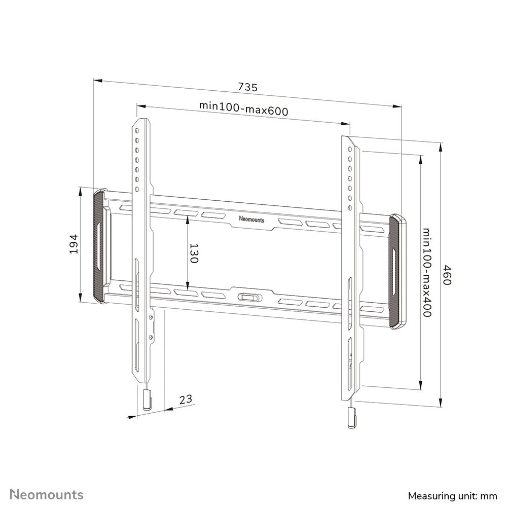 Tekening en formaten van de Neomounts WL30-550BL16 muurbeugel voor displays van 42" tot 86"