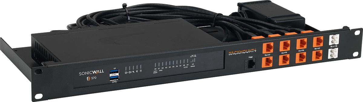 Voorkant schuin van linksvoor van de SonicWall SW-Rack RM-SW-T12 1U 19" rackmount kit voor firewalls