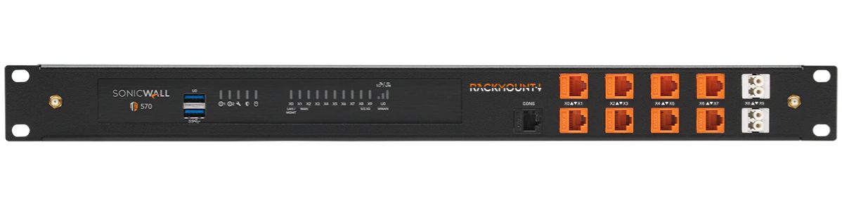 Voorkant van de SonicWall SW-Rack RM-SW-T12 1U 19" rackmount kit voor firewalls met daarin een TZ570 firewall als voorbeeld