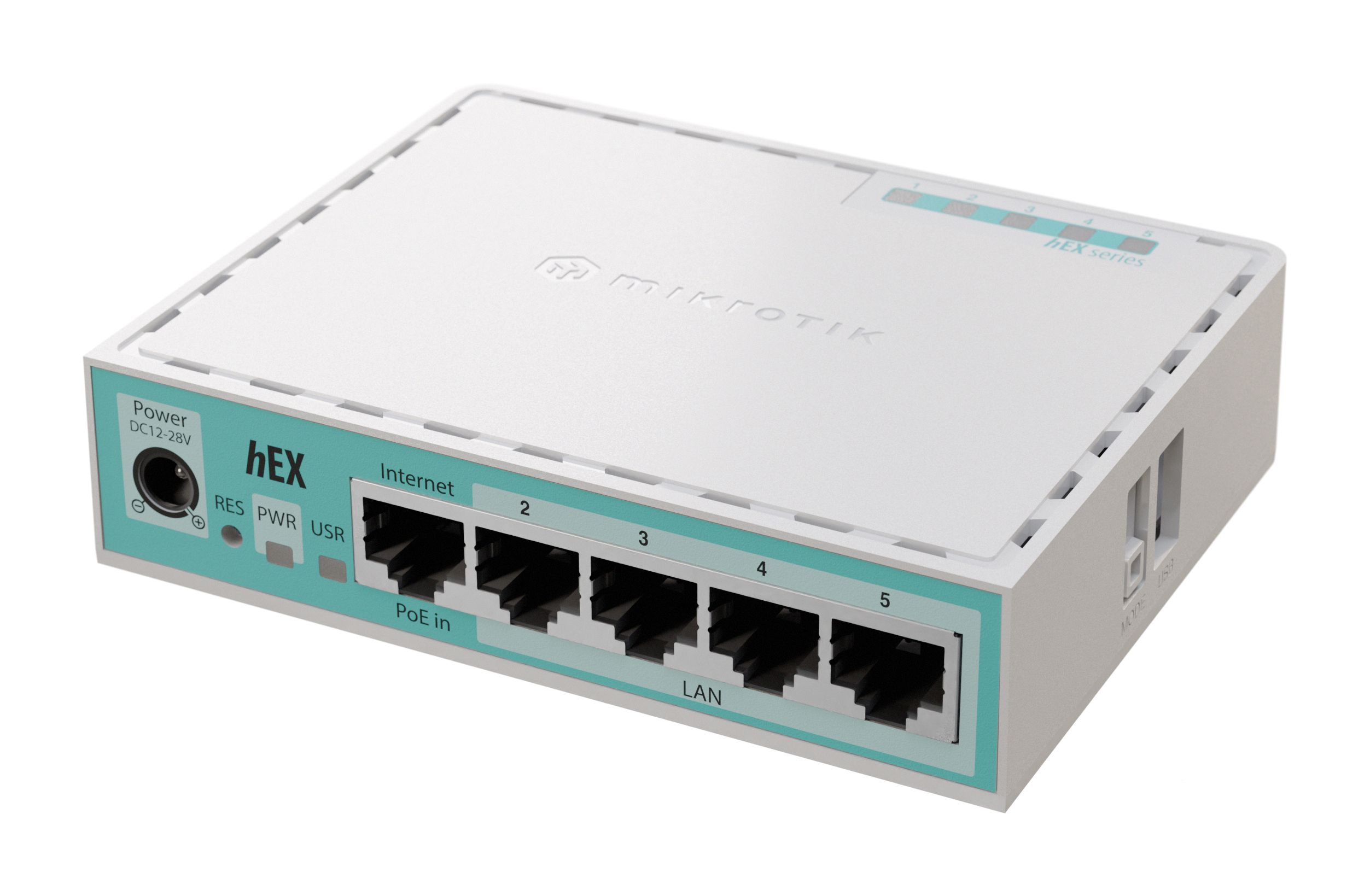 De rechter zijkant en bovenkant en voorkant van de MikroTik hEX refresh E50UG router met 5 Gigabit ethernetpoorten waarvan 1 PoE input en 4 LAN