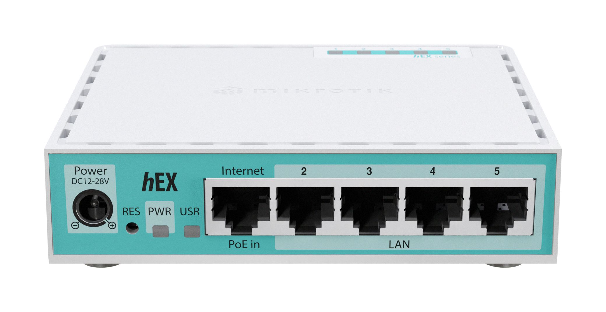 Voorkant van de MikroTik hEX refresh router met 4 Gigabit LAN poorten en 1 PoE input ethernetpoort en een 12-28V DC stroomingang