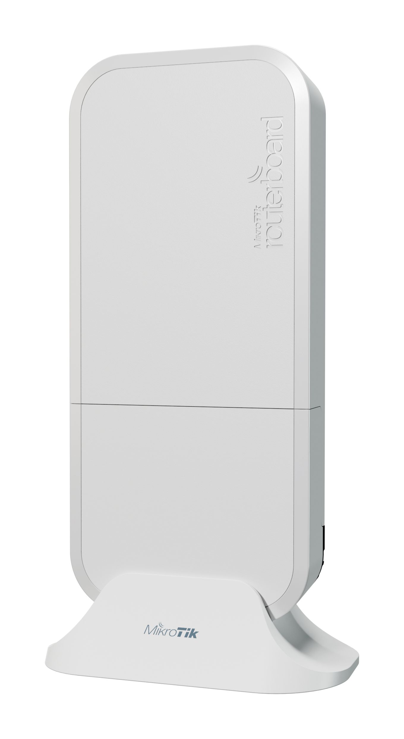Voorkant van het MikroTik wAP AX WiFi 6 outdoor access point die op een voet staat