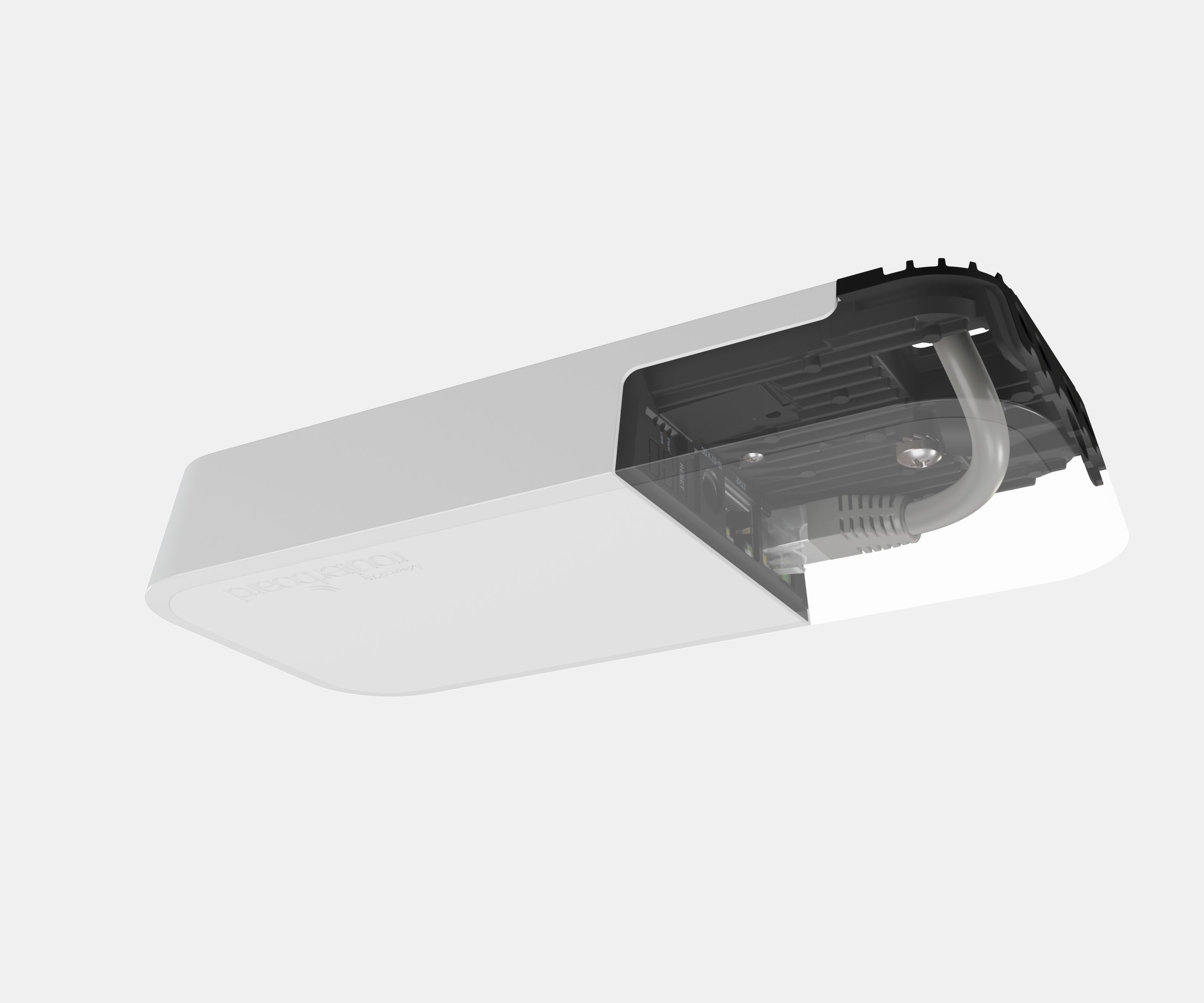 Het MikroTik wAP AX WiFi 6 outdoor access point aan het plafond