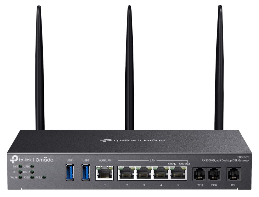 Voorkant van de Omada by TP-Link DR3220v-4G AX3000 WiFi 6 gigabit desktop DSL gateway met alle aansluitingen en poorten en aan de achterkant drie antennes