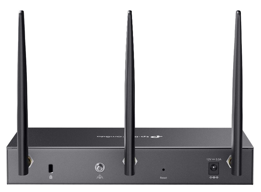 Achterkant van de Omada by TP-Link DR3220v-4G AX3000 WiFi 6 gigabit desktop DSL gateway met drie externe antennes