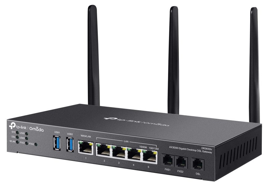 Rechter zijkant en voorkant van de Omada by TP-Link DR3220v-4G AX3000 WiFi 6 gigabit desktop DSL gateway