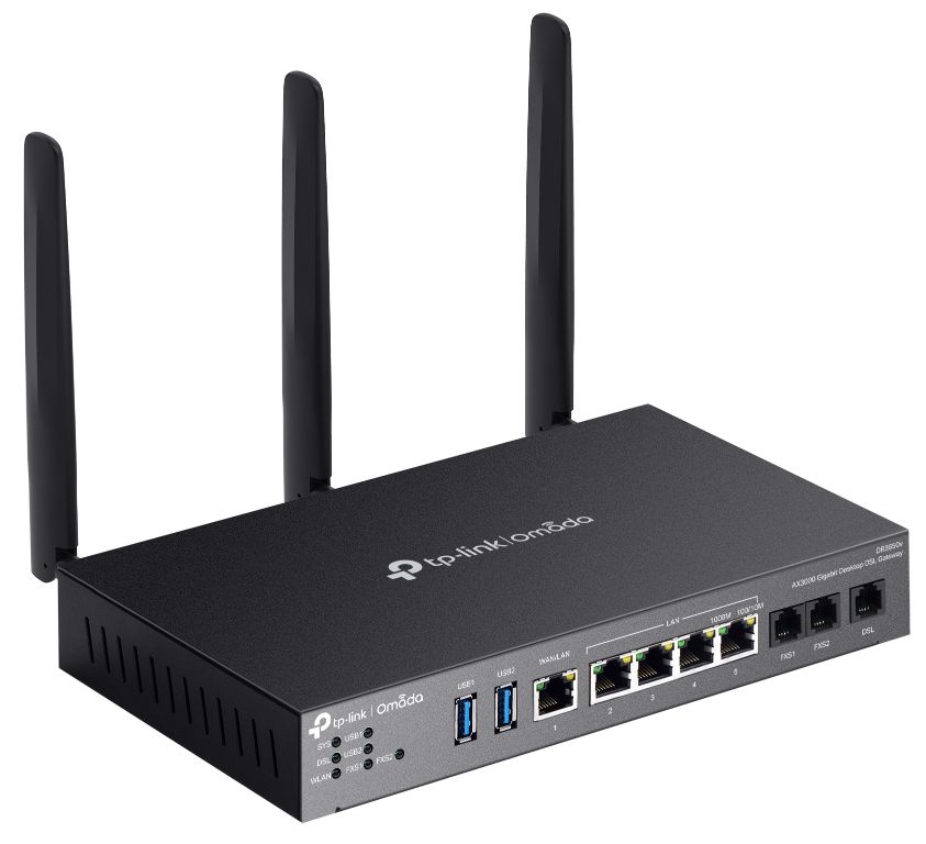 Linker zijkant en voorkant van de Omada by TP-Link DR3220v-4G AX3000 WiFi 6 gigabit desktop DSL gateway