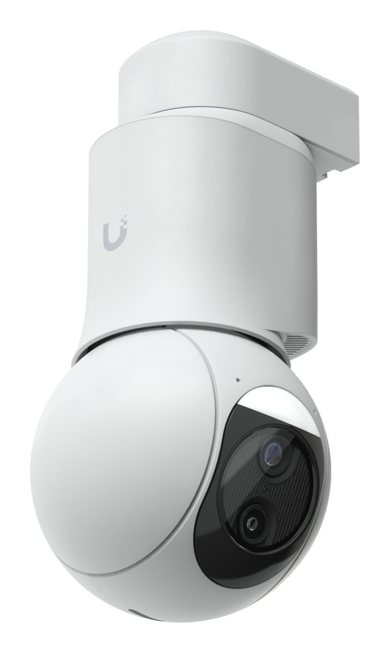 Voorkant en linker zijkant van de Ubiquiti UniFi Protect G6 PTZ (UVC-G6-PTZ-W) 4K PTZ-camera voor buiten