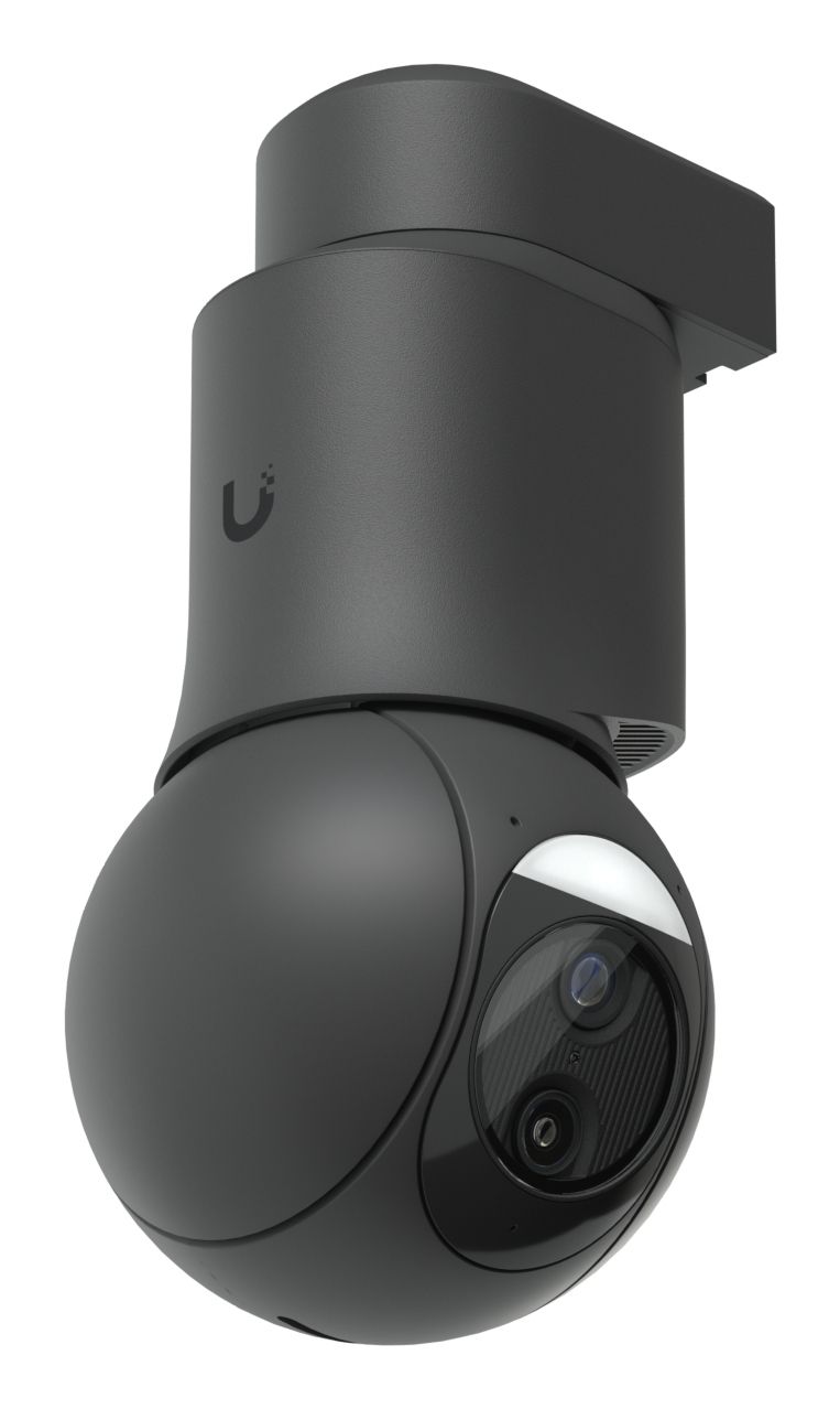 Voorkant en linker zijkant van de Ubiquiti UniFi Protect G6 PTZ (UVC-G6-PTZ-B) 4K PTZ-camera voor buiten