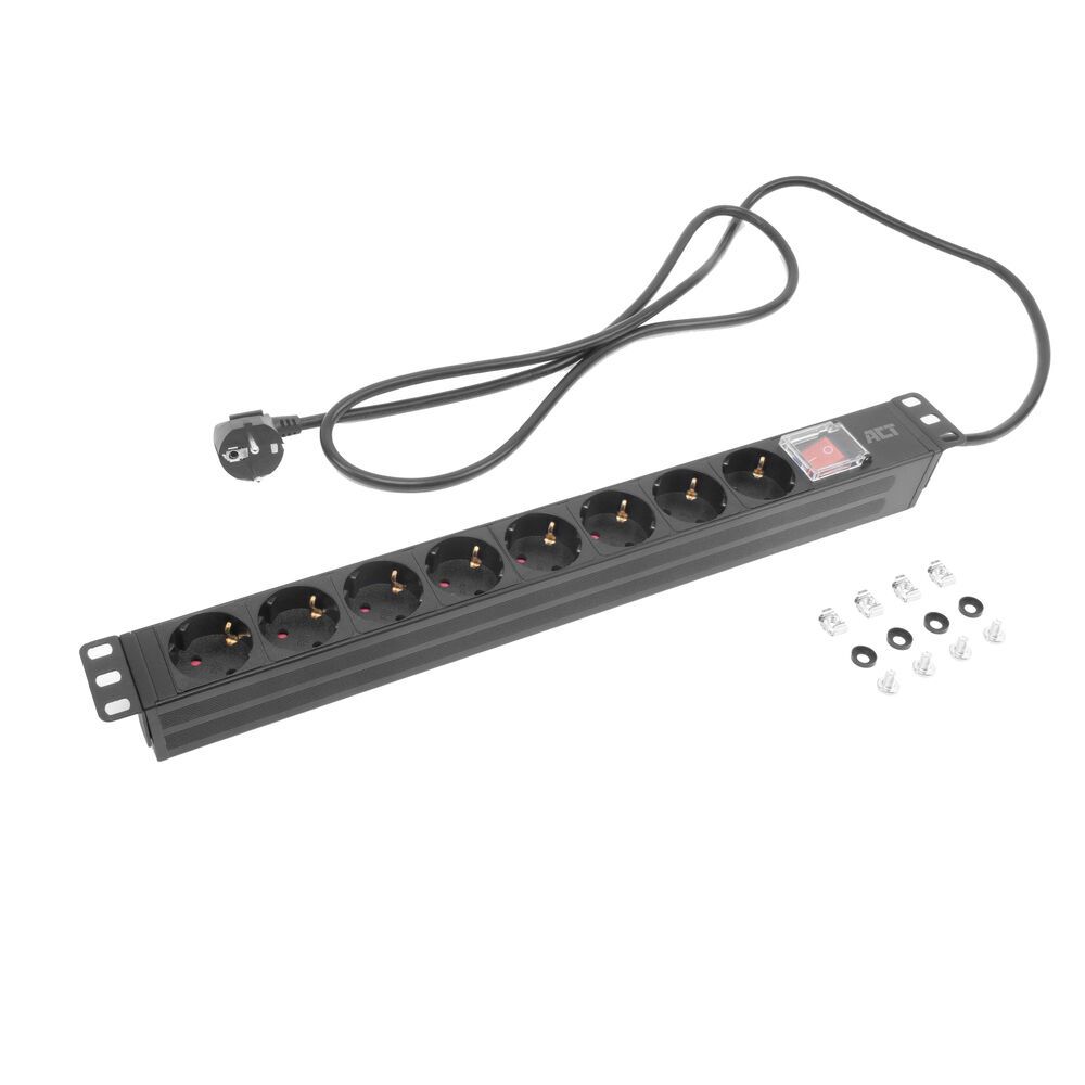 De ACT PD3005 19" Stekkerdoos PDU met stroomkabel en stopcontacten en bevestigingsmateriaal