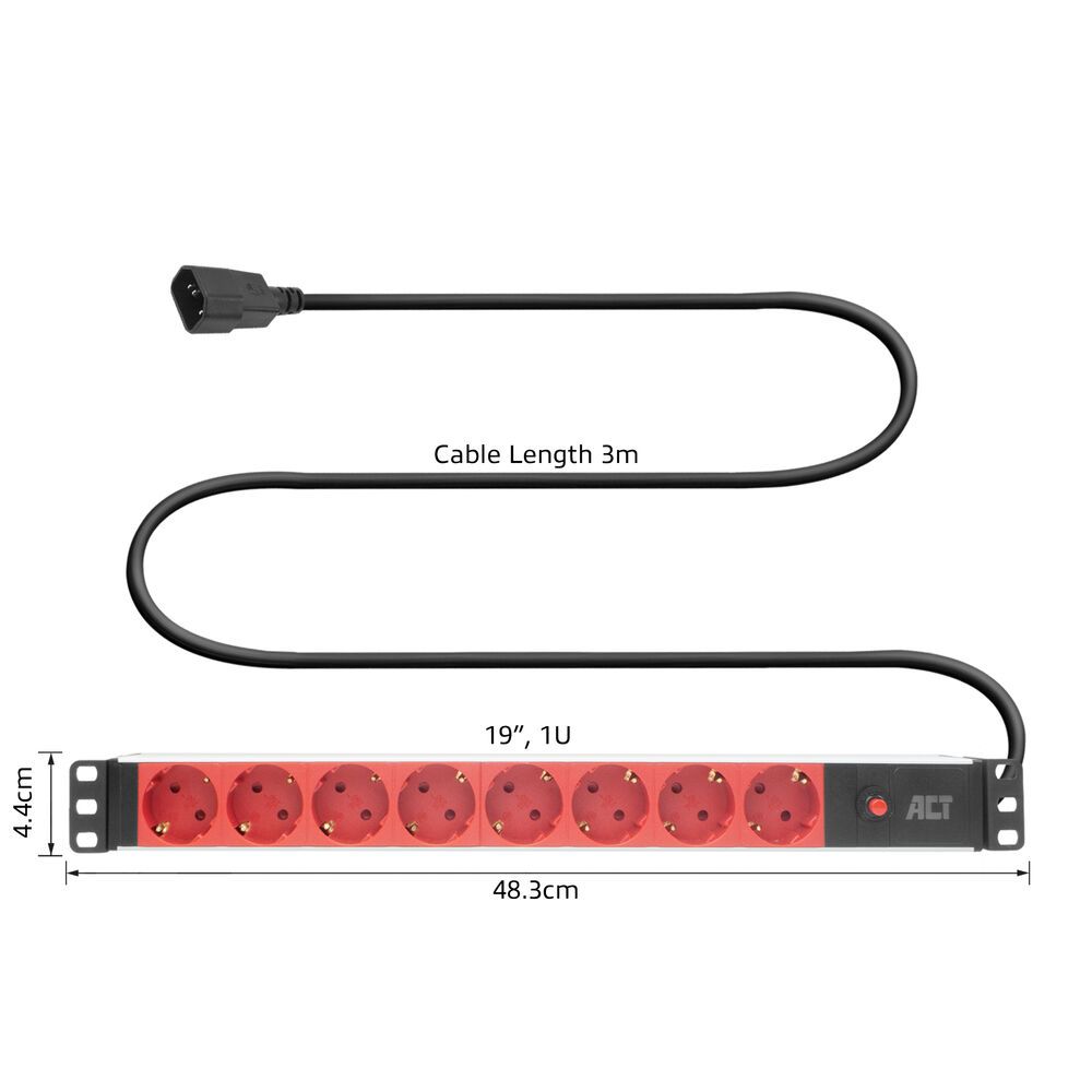 Afmetingen en formaten van de ACT PD3004 19" Stekkerdoos PDU