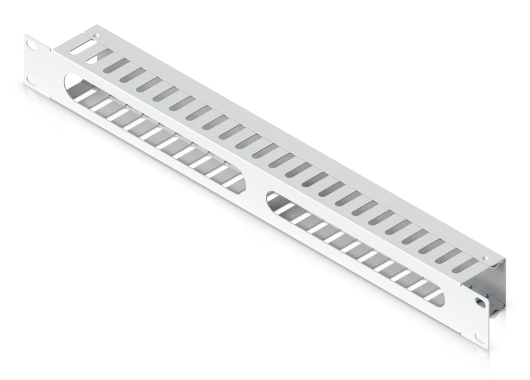 De Ubiquiti Horizontal Rack Cable Management (UACC-Rack-HCM) schuin van bovenaf is een 1U kabelgoot voor in een UniFi rack