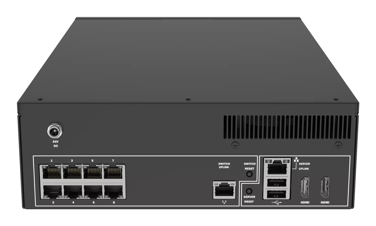 Achterkant van de AXIS Camera Station S2208 Mk II Standalone Appliance met alle aansluitingen en PoE poorten