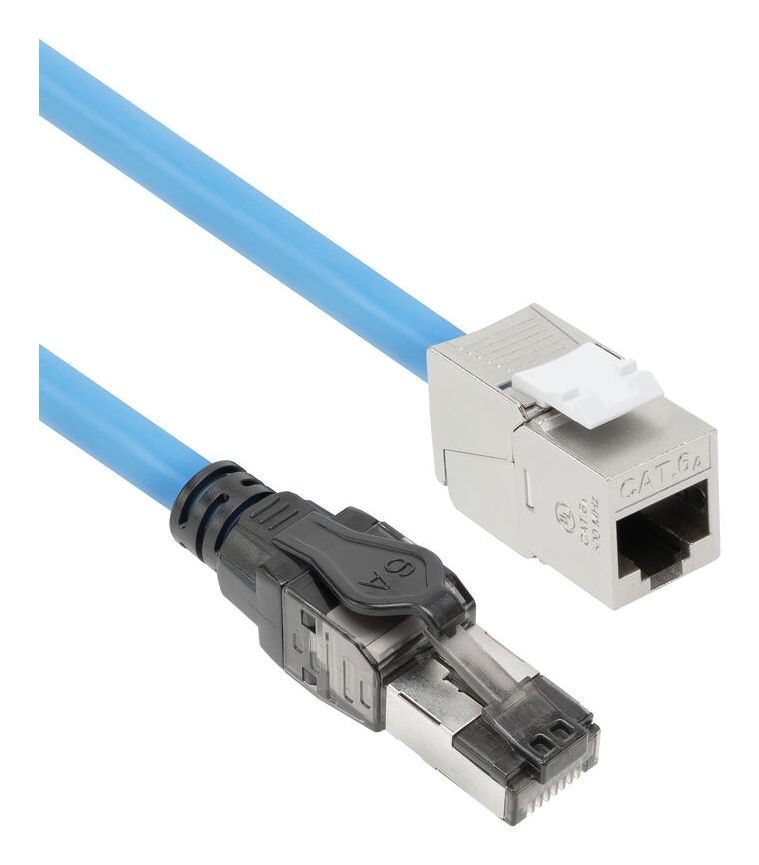 De twee RJ45 connectoren van de 25m ACT S/FTP CAT6A PoE++ 100W Patchkabel