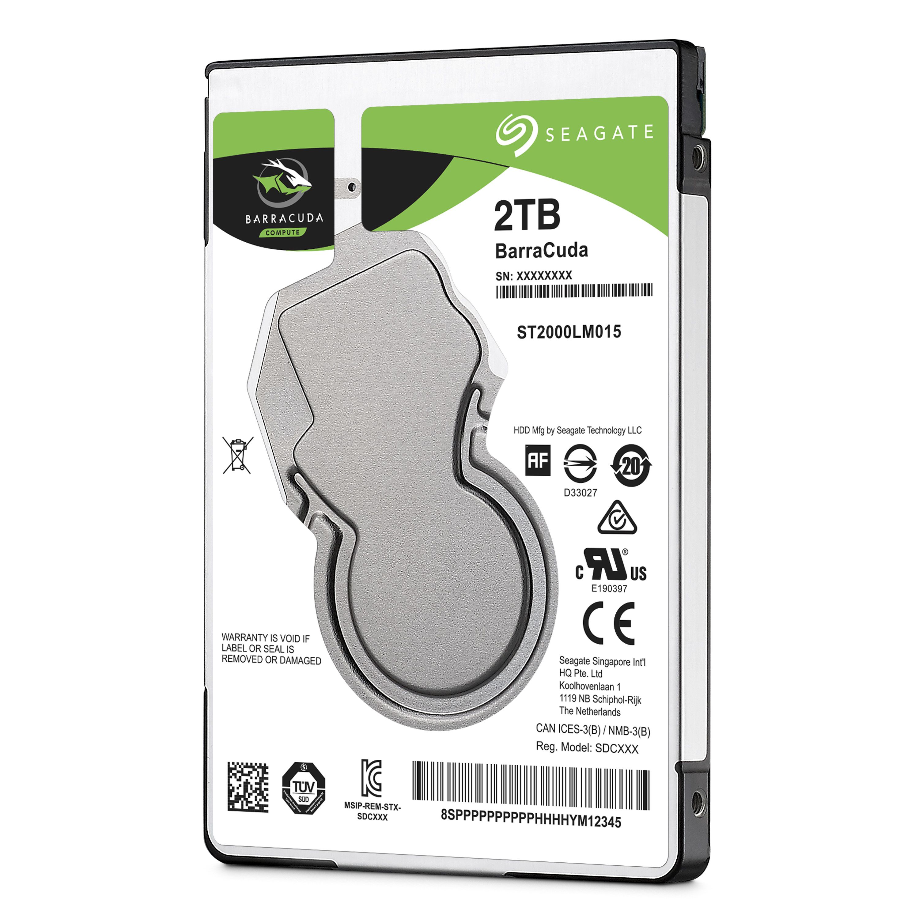 De rechter zijkant en voorkant van de Seagate BarraCuda 2TB 2,5 Inch SATA HDD