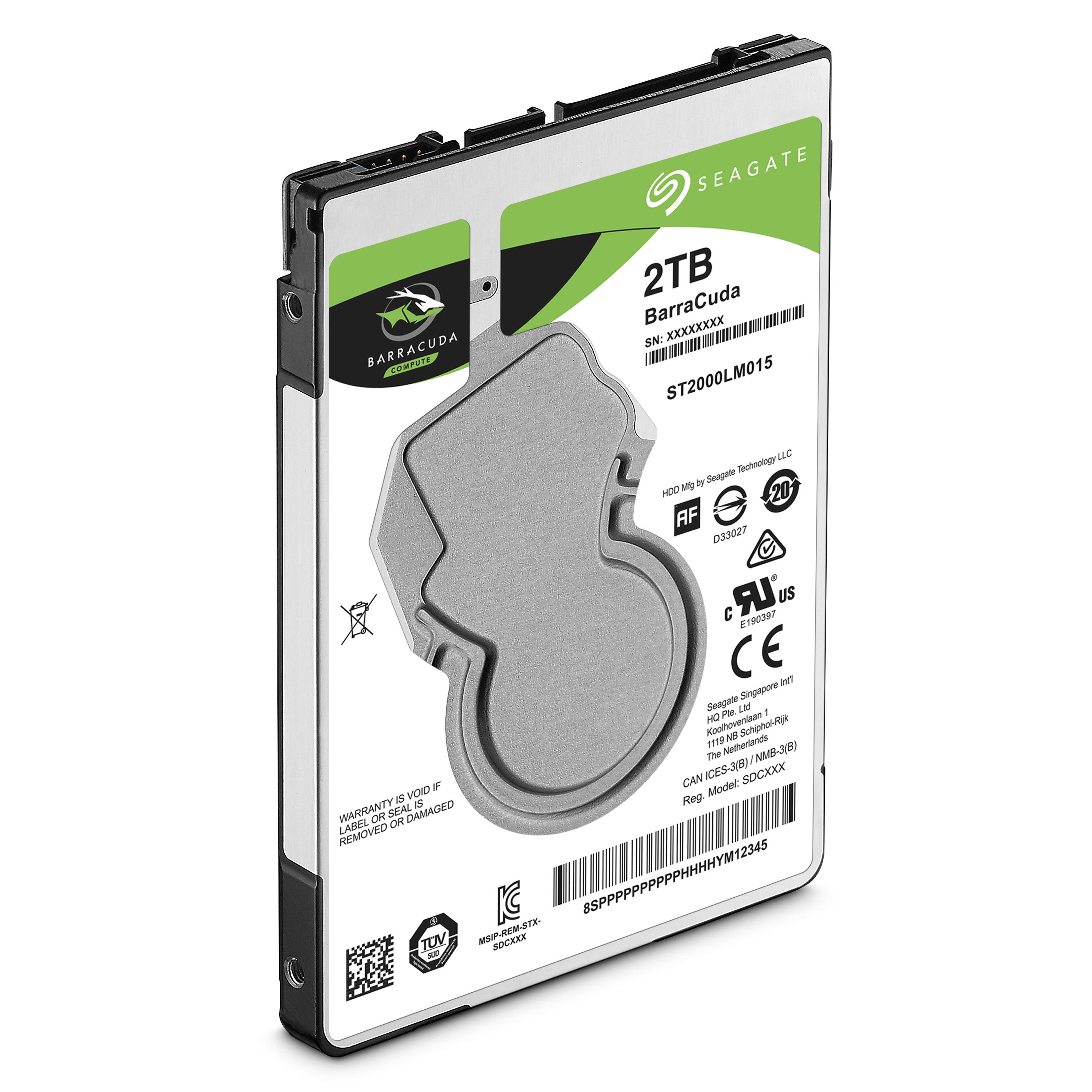 De linker zijkant en voorkant van de Seagate BarraCuda 2TB 2,5 Inch SATA HDD