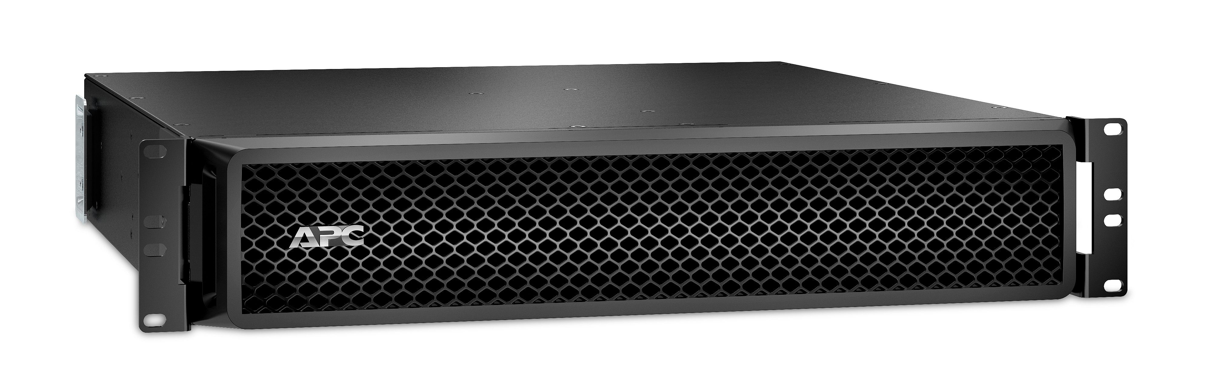 Linker zijkant en voorkant van de APC UPS Battery Pack SRT48 met APC logo