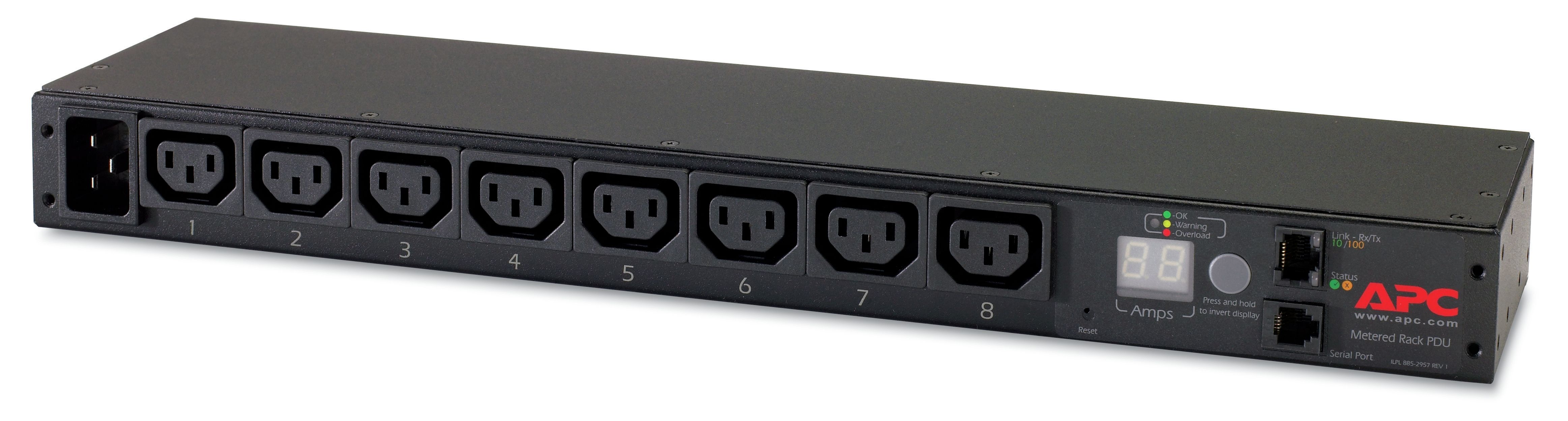 Voorkant en bovenkant van de APC AP7821B Metered Rackmount PDU met 8 stuks C13 uitgangen