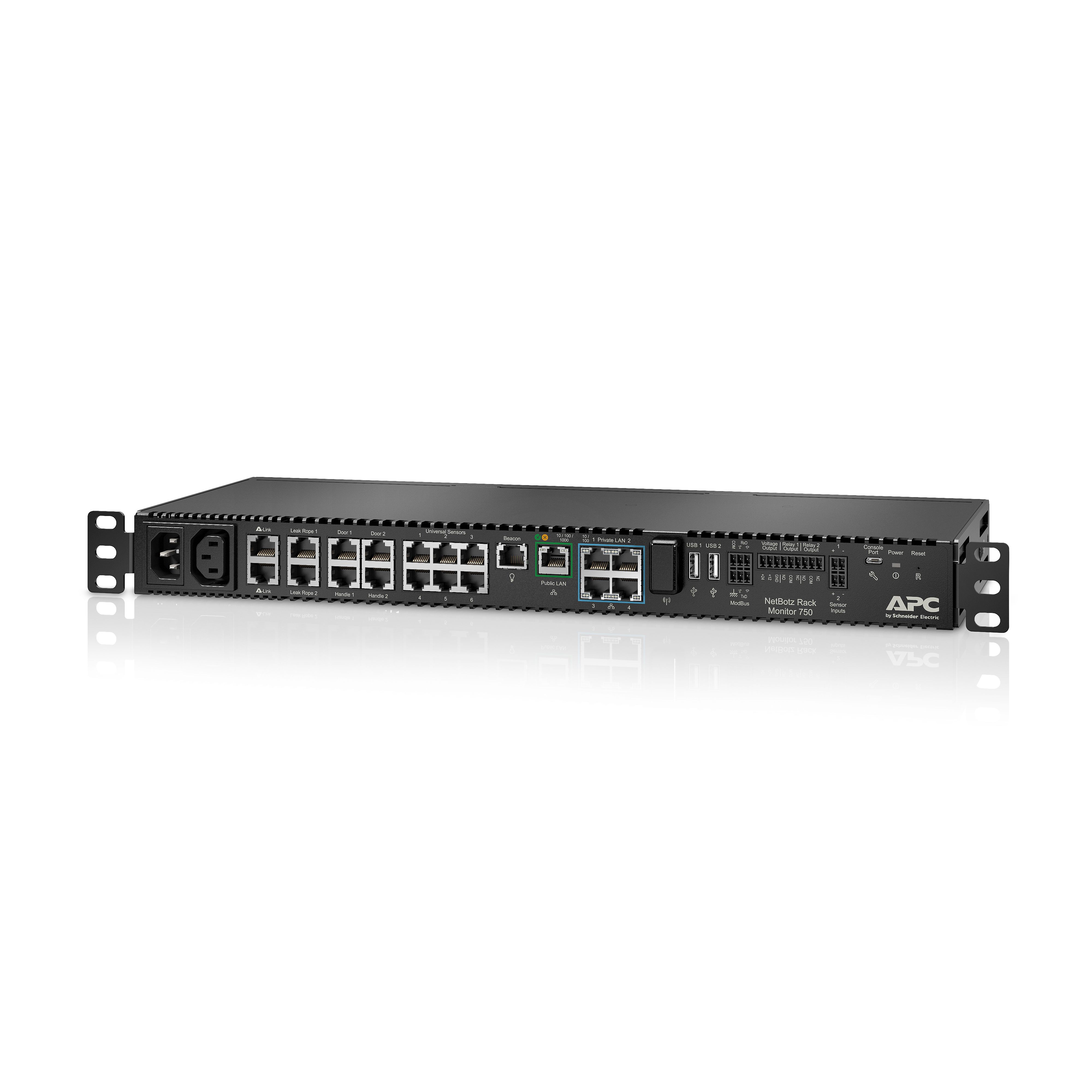De 1U APC NetBotz Rack Monitor 750 (NBRK0750) schuin van rechtsvoor met montagemateriaal voor rackmontage