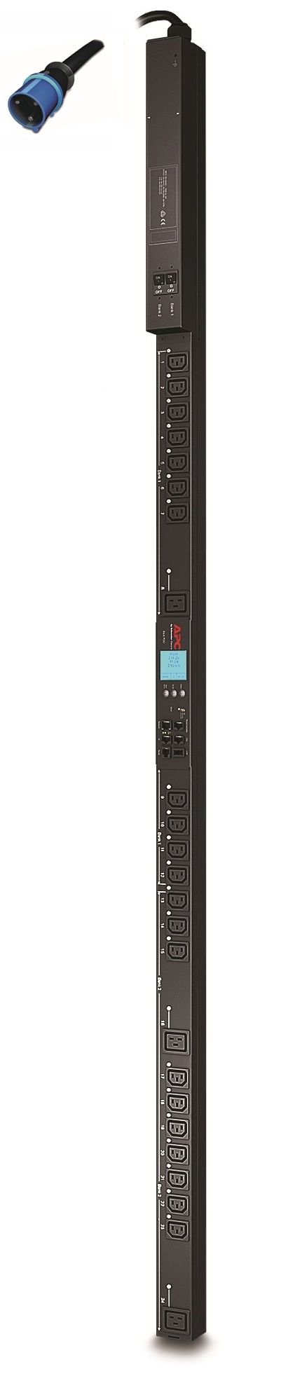 Voorkant van de APC NetShelter AP8653 Rack PDU 2G met alle uitgangen en de stekker