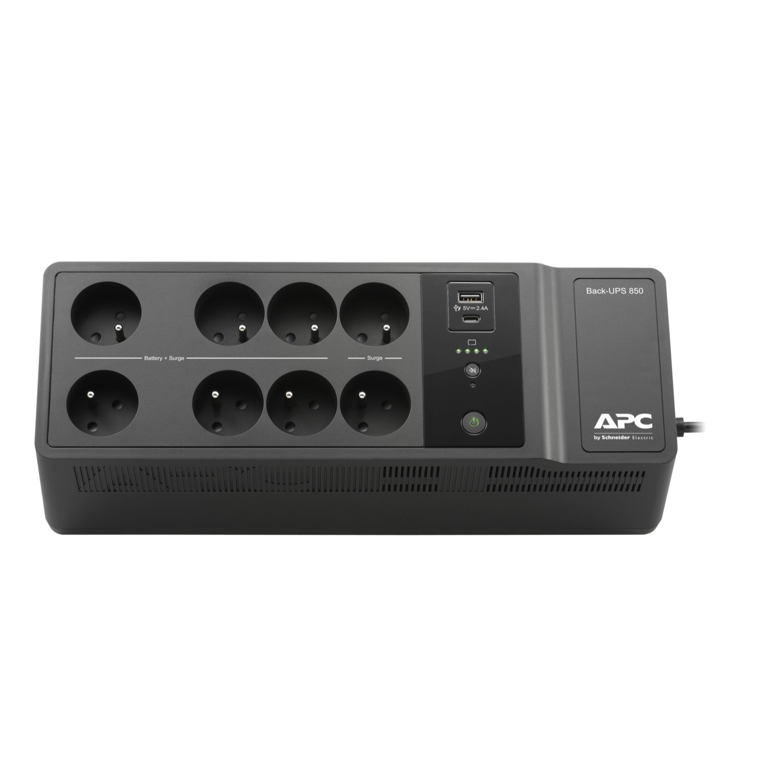 Zijkant en bovenkant van de APC Back-UPS BE850G2-FR noodstroomvoeding met acht stopcontacten