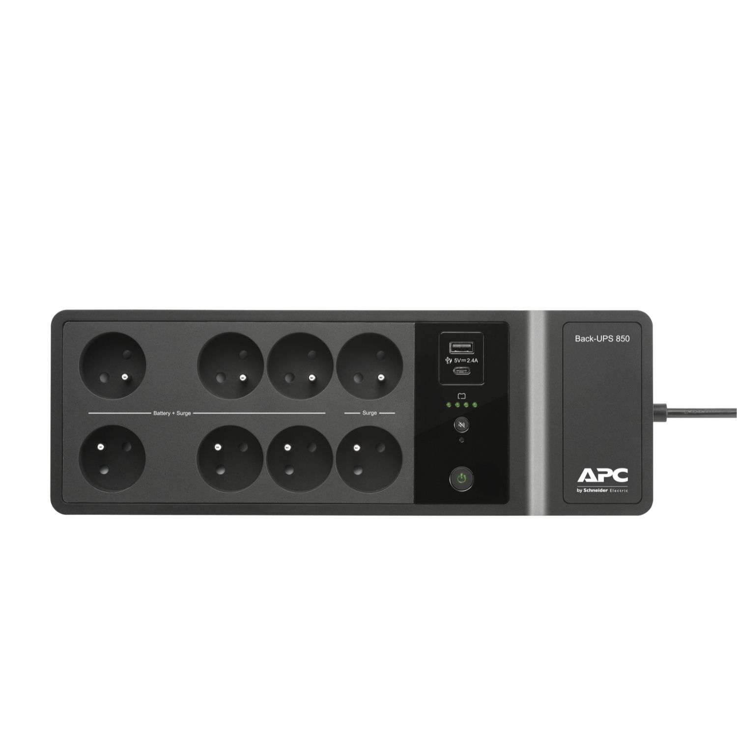 Bovenkant van de APC Back-UPS BE850G2-FR noodstroomvoeding met de outlets zichtbaar