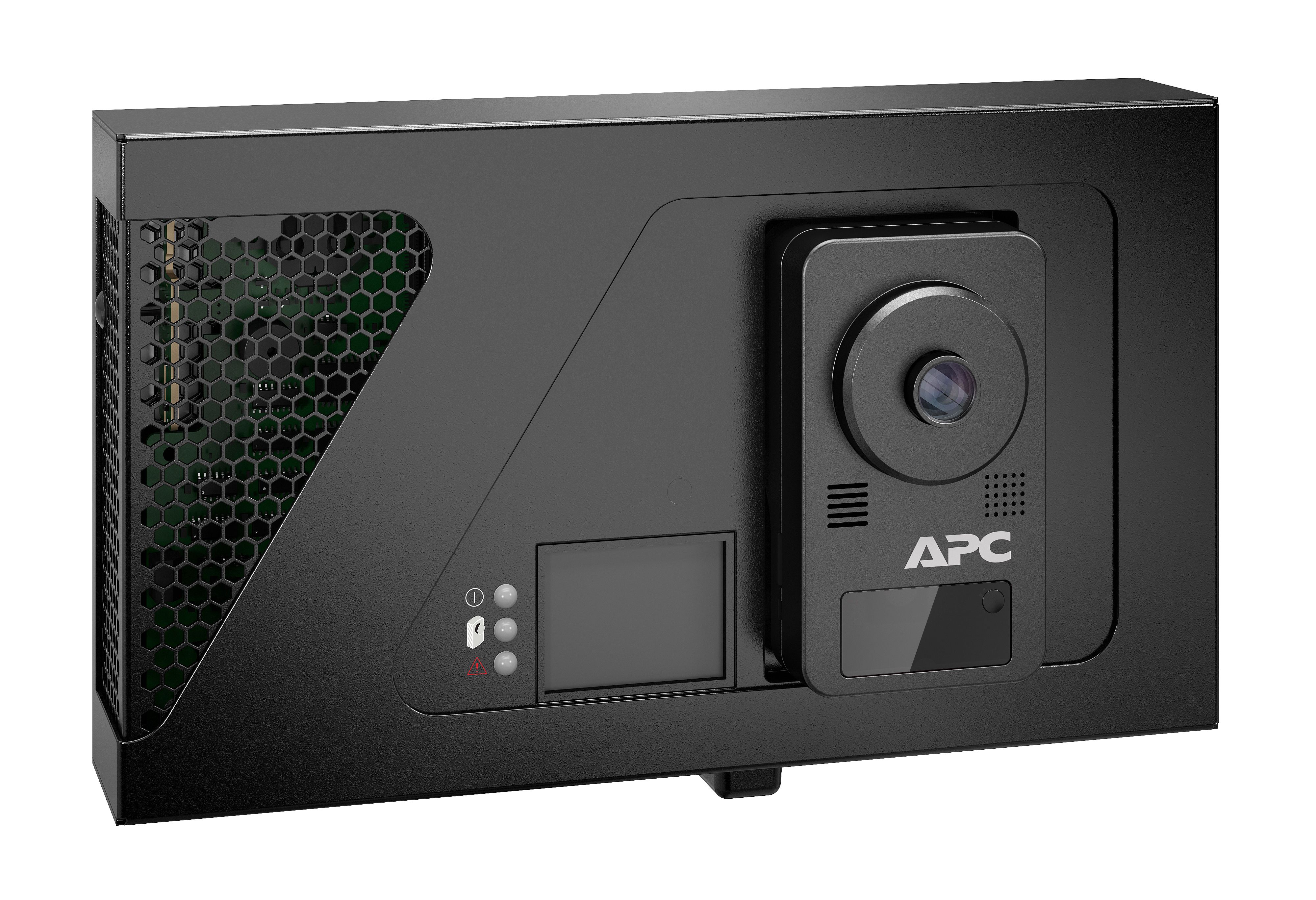 De APC NetBotz Room Monitor 755 schuin van linksvoor met camera en ventilatie