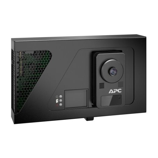 De APC NetBotz Room Monitor 756 met PoE-injector schuin van linksvoor