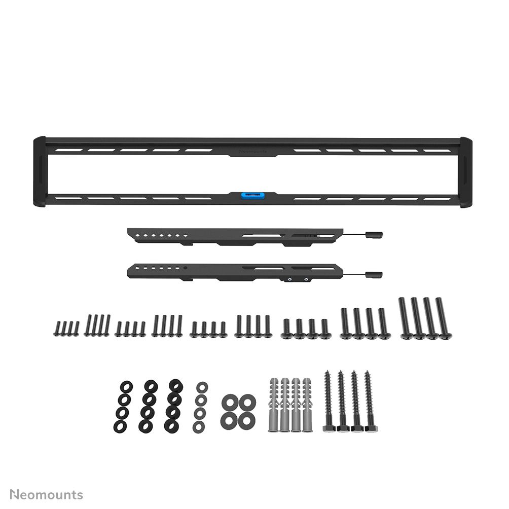 Verpakkingsinhoud van de Neomounts WL30-550BL18 muurbeugel voor displays van 43'' tot 86'' met montagemateriaal