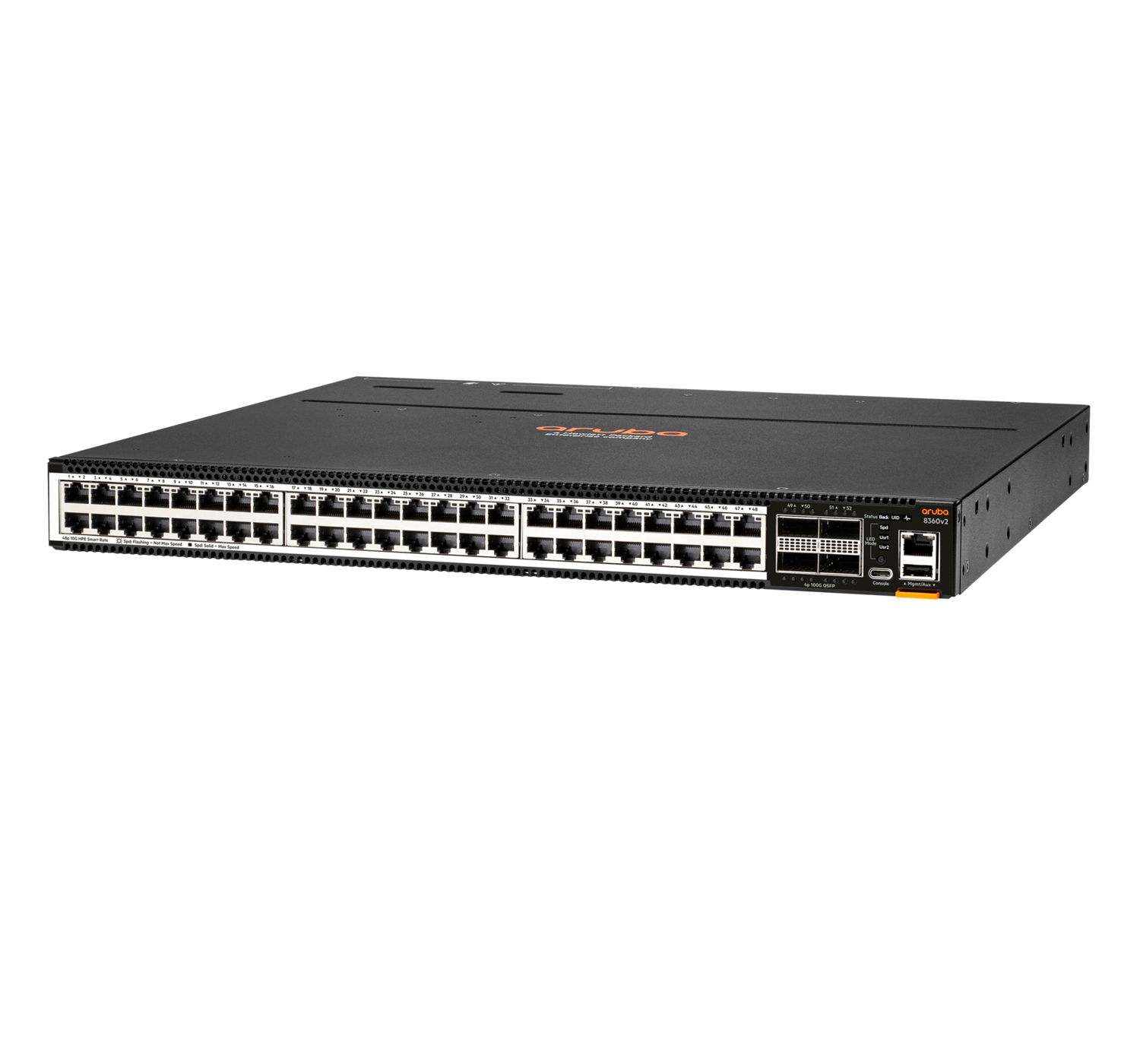 De HPE Aruba Networking 8360-48XT4C v2 switch van rechtsvoor bekeken