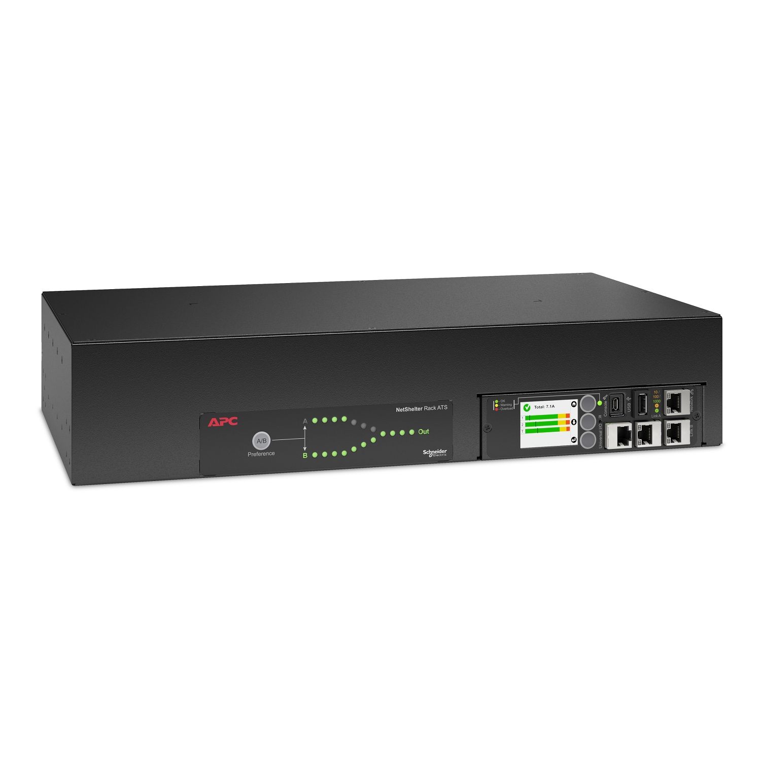 Linker zijkant en voorkant van de APC AP4424A Rack ATS