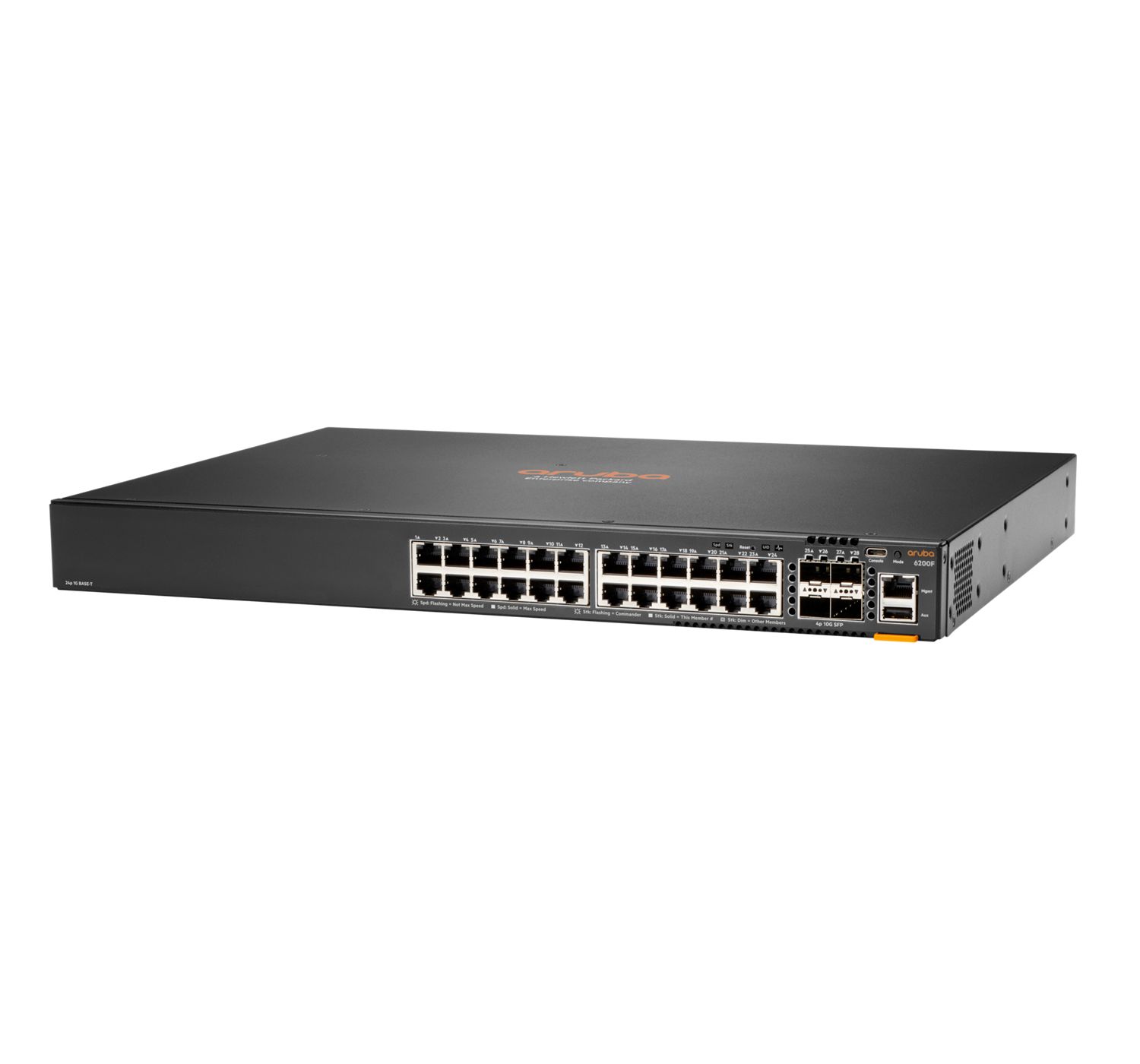 Rechter zijkant en voorkant van de HPE Aruba 6200CX 24G 4SFP+ 24-poorts managed L3 switch