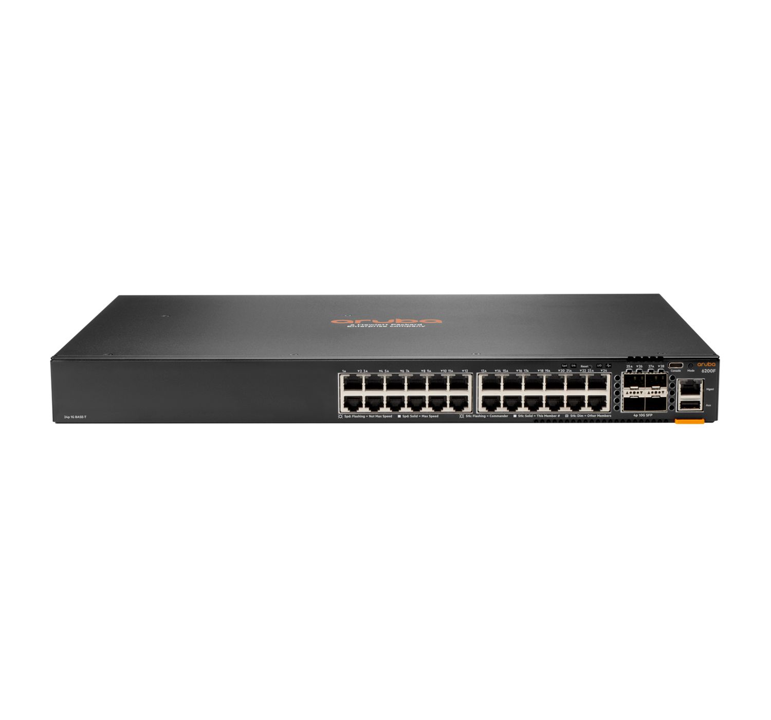 Voorkant van de HPE Aruba 6200CX 24G 4SFP+ 24-poorts managed L3 switch met alle ethernetpoorten en SFP+ poorten
