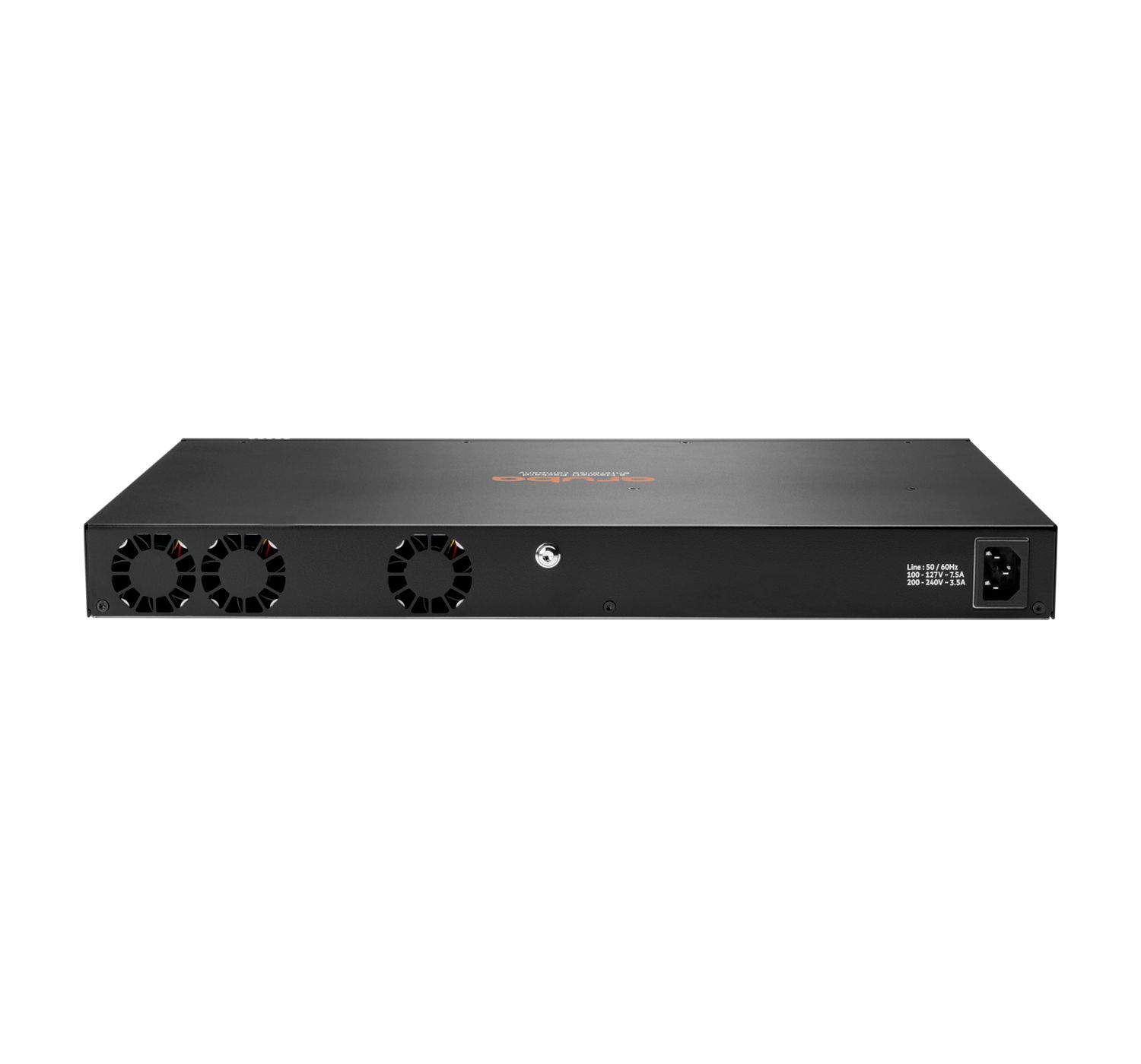 Achterkant van de HPE Aruba 6200CX 24G 4SFP+ 24-poorts managed L3 switch met stroomaansluiting en ventilatie