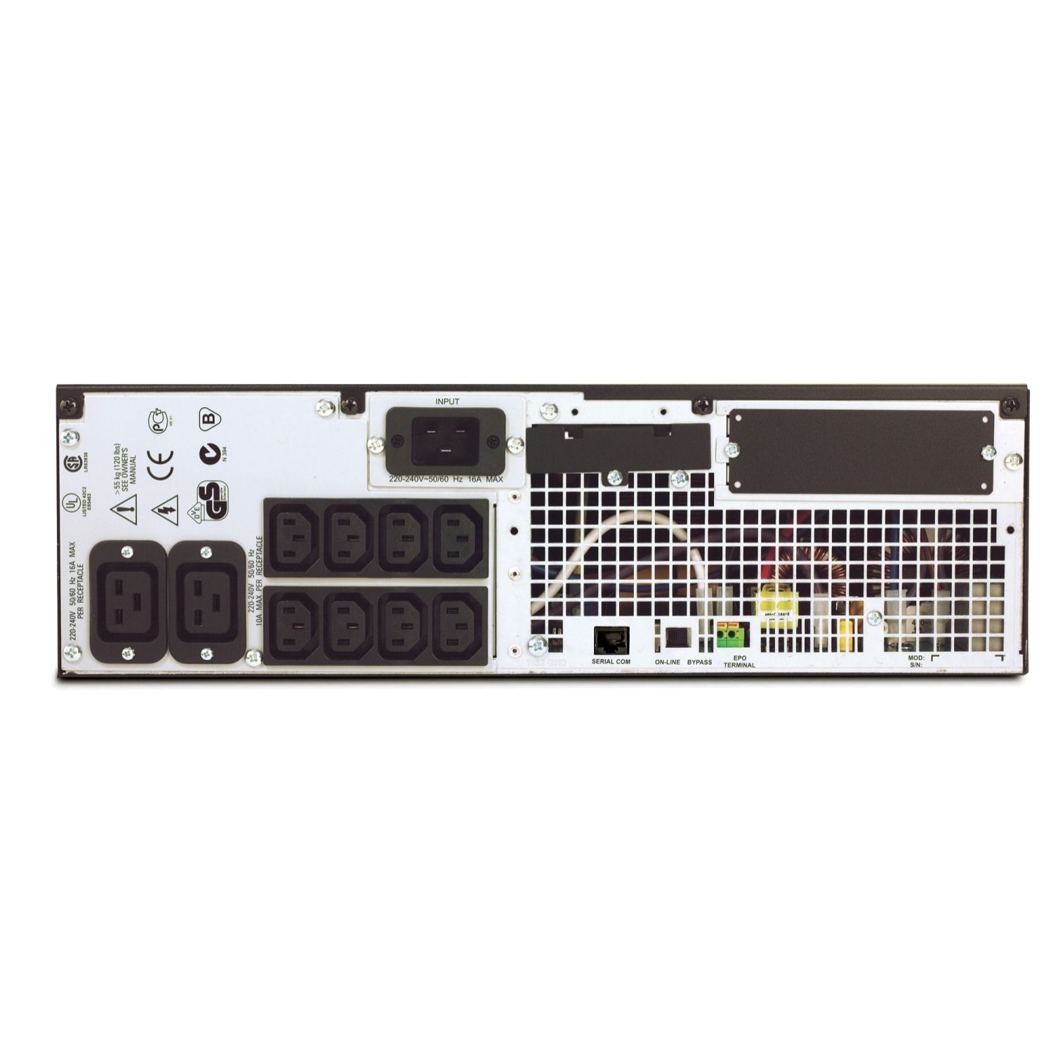 Achterkant van de APC Smart-UPS RT 3000VA 230V Marine SURTD3000XLIM met alle ingangen en uitgangen
