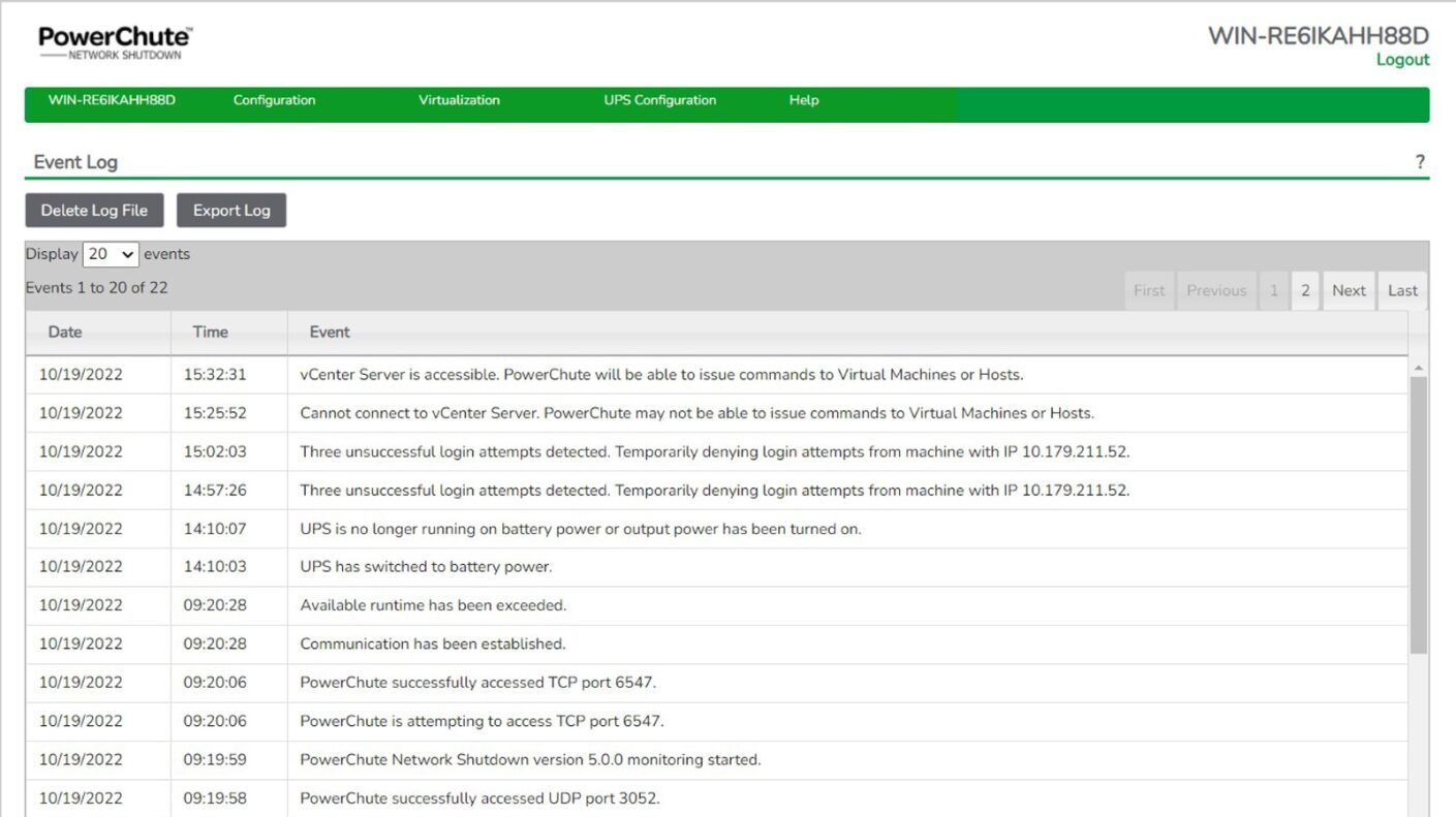 Event log binnen de APC SWPCNS1Y-DIGI Powerchute Network Shutdown software
